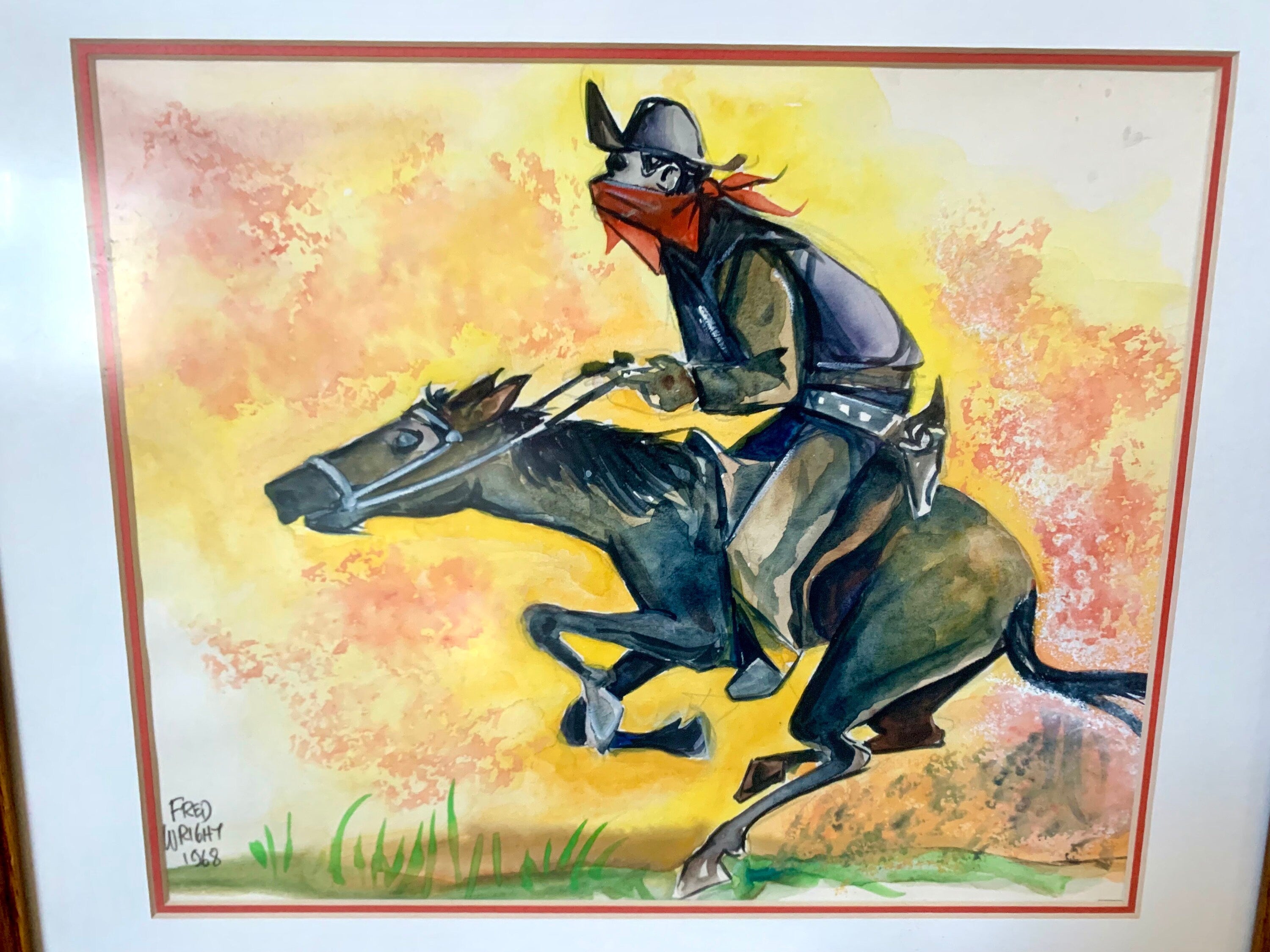 Vintage 1960's Fred Wright Cartoonist Art Work | Fred Wright Riding Cowboy Drawing | Western Cartoon Art | Labor Cartoonist Print | Signed Art