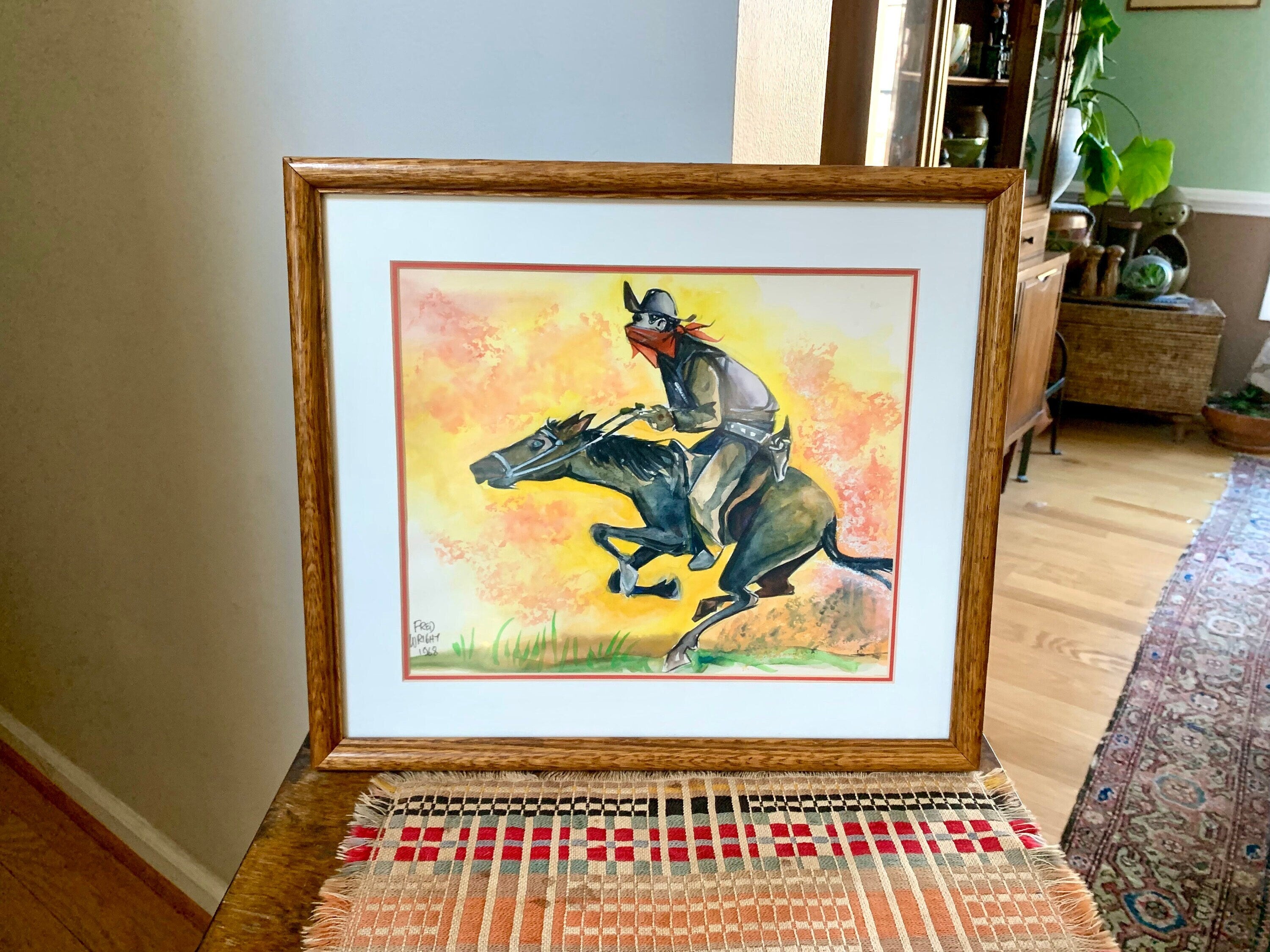 Vintage 1960's Fred Wright Cartoonist Art Work | Fred Wright Riding Cowboy Drawing | Western Cartoon Art | Labor Cartoonist Print | Signed Art