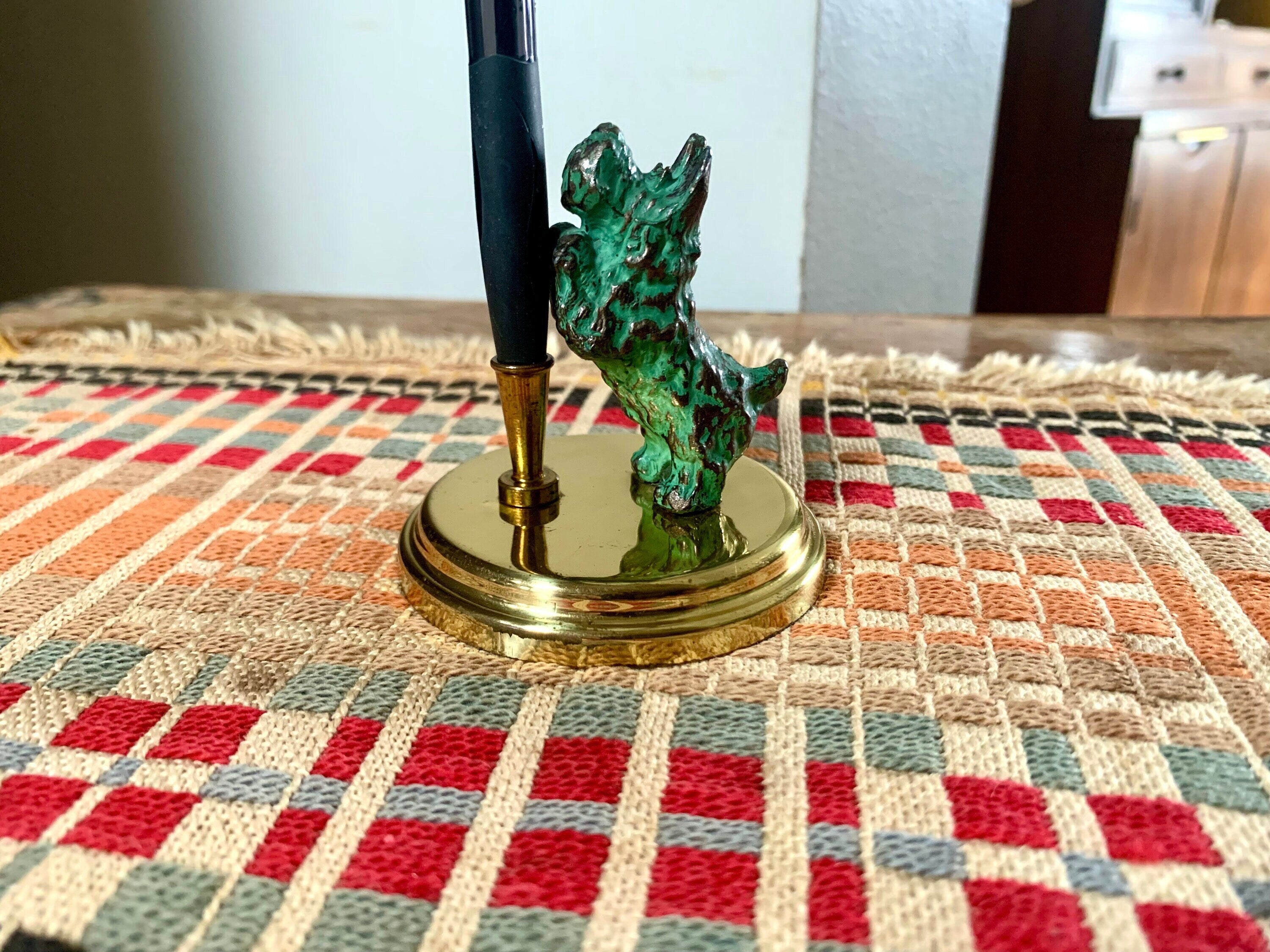 Brass Scotty Dog Pen Holder | Vintage Bronze Dog Desk Decor | Bronze Scottish Terrier Figurine Pen Holder | Brass Pen Holder