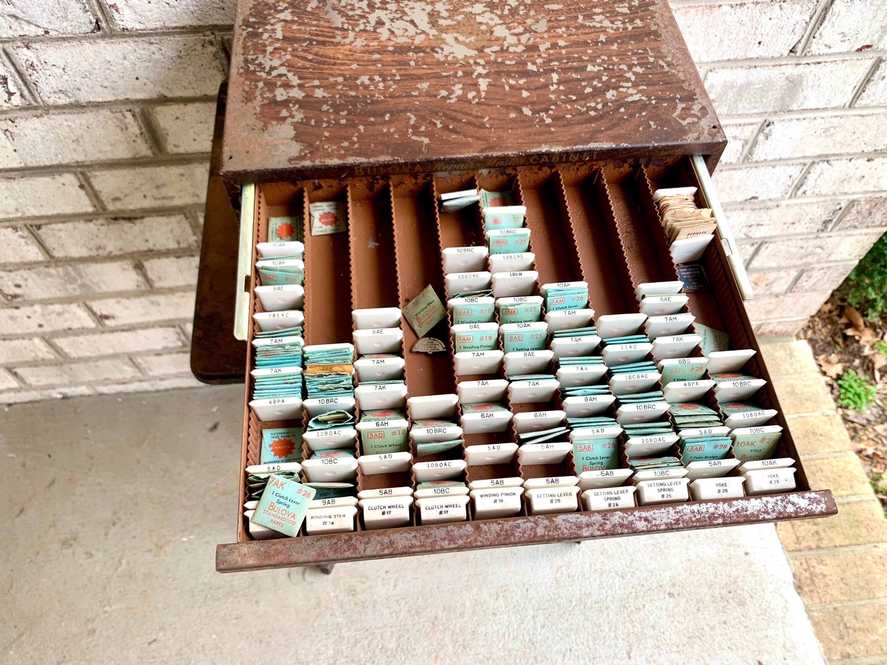 Bulova Repair-Master Cabinet With Contents | Vintage 3 Drawer Bulova Watch Repair Parts and Cabinet | Distressed Bulova Parts Cabinet