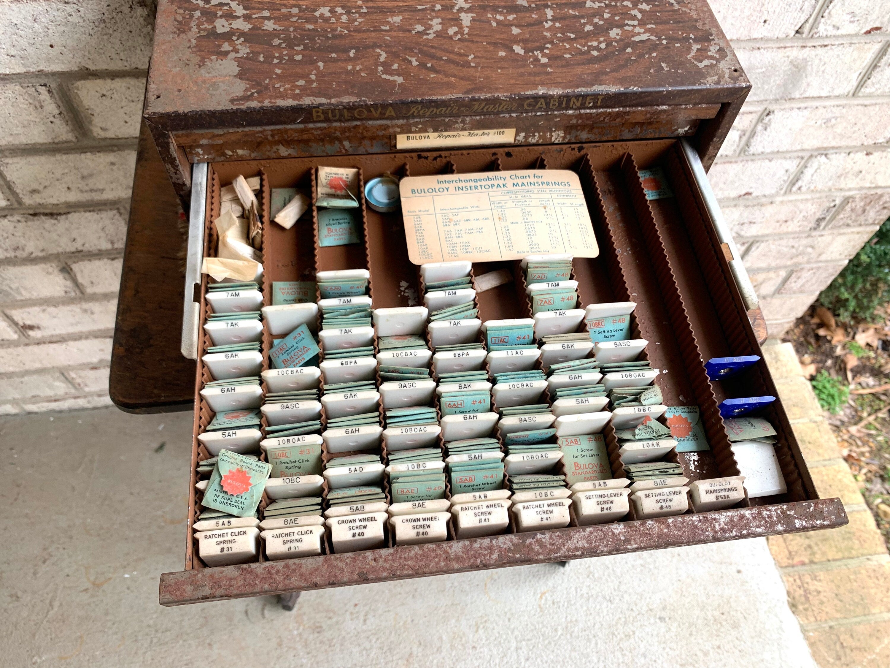 Bulova Repair-Master Cabinet With Contents | Vintage 3 Drawer Bulova Watch Repair Parts and Cabinet | Distressed Bulova Parts Cabinet