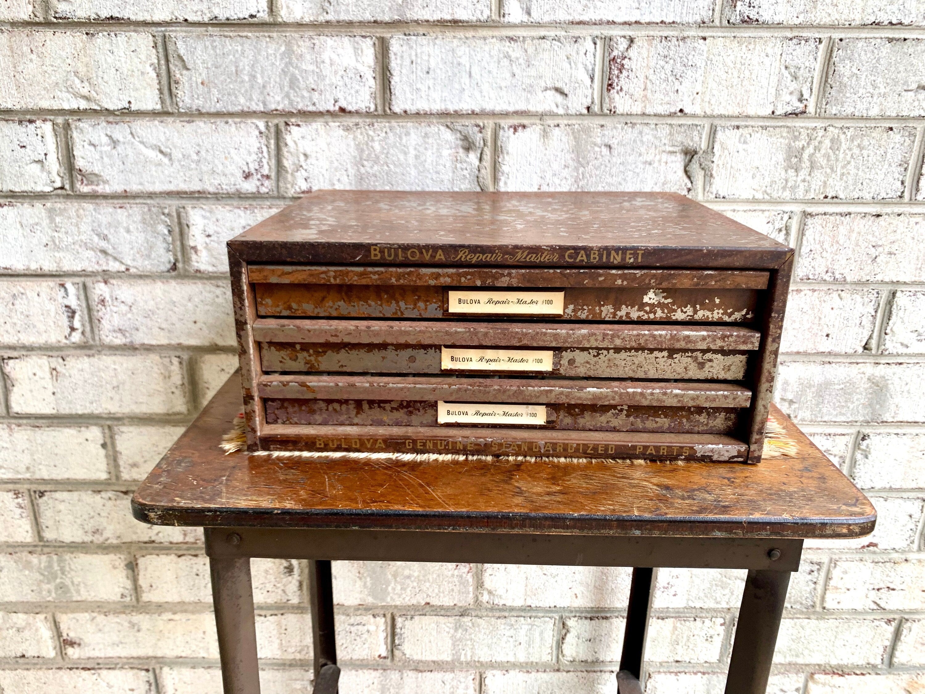 Bulova Repair-Master Cabinet With Contents | Vintage 3 Drawer Bulova Watch Repair Parts and Cabinet | Distressed Bulova Parts Cabinet