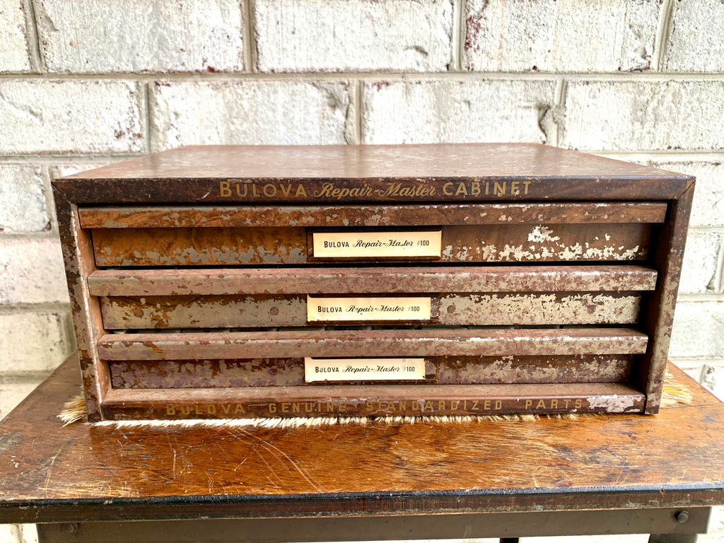 Bulova Repair-Master Cabinet With Contents | Vintage 3 Drawer Bulova Watch Repair Parts and Cabinet | Distressed Bulova Parts Cabinet