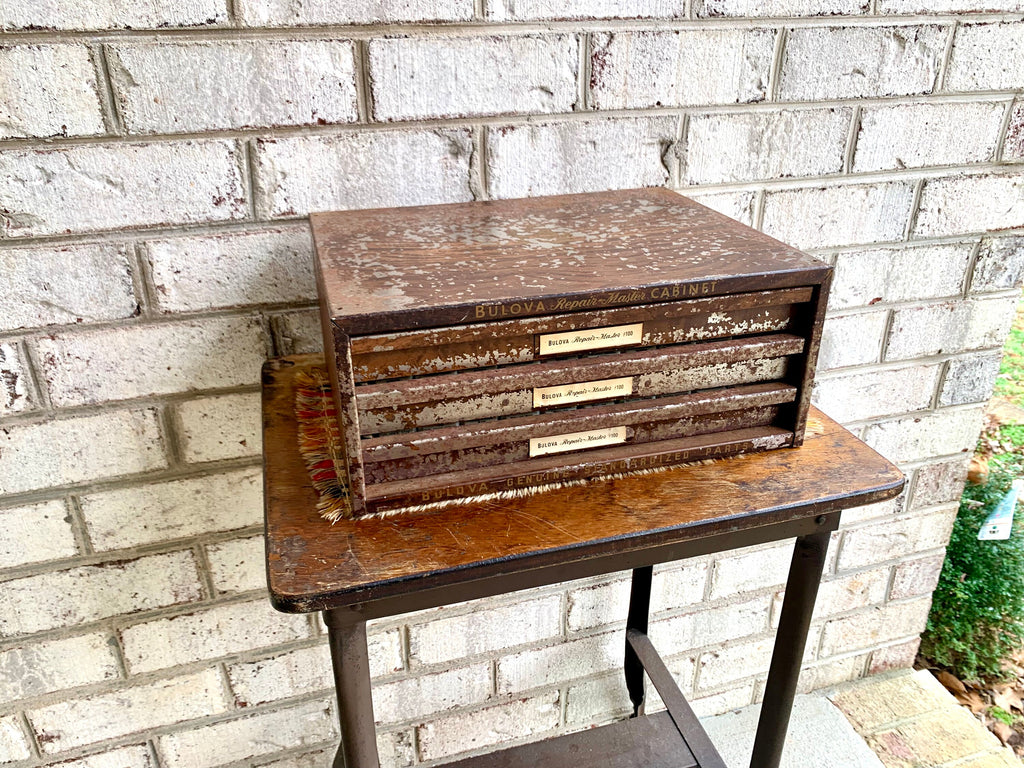 Bulova Repair-Master Cabinet With Contents | Vintage 3 Drawer Bulova Watch Repair Parts and Cabinet | Distressed Bulova Parts Cabinet