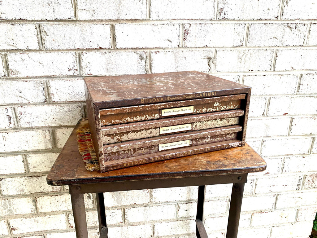 Bulova Repair-Master Cabinet With Contents | Vintage 3 Drawer Bulova Watch Repair Parts and Cabinet | Distressed Bulova Parts Cabinet