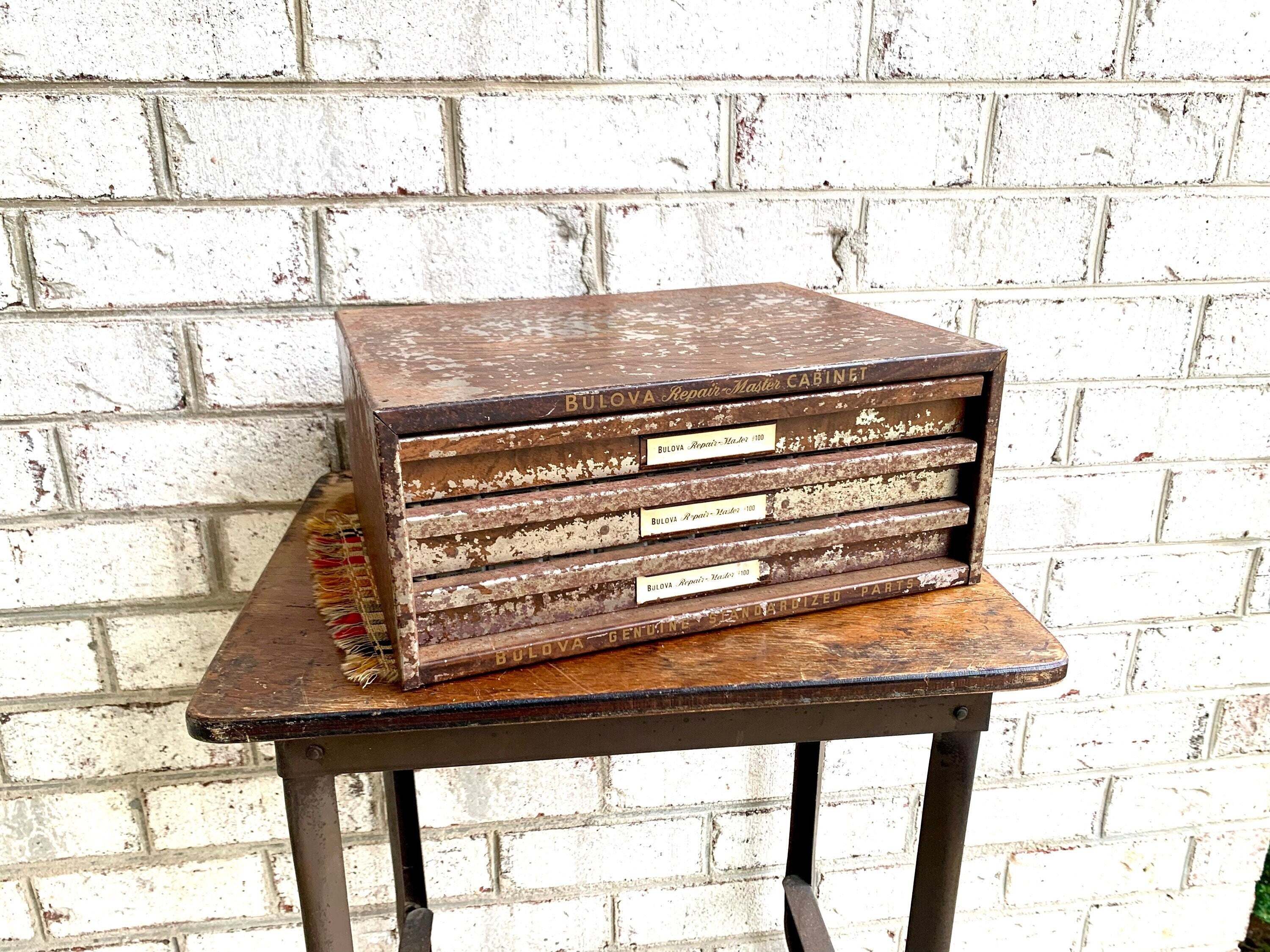 Bulova Repair-Master Cabinet With Contents | Vintage 3 Drawer Bulova Watch Repair Parts and Cabinet | Distressed Bulova Parts Cabinet