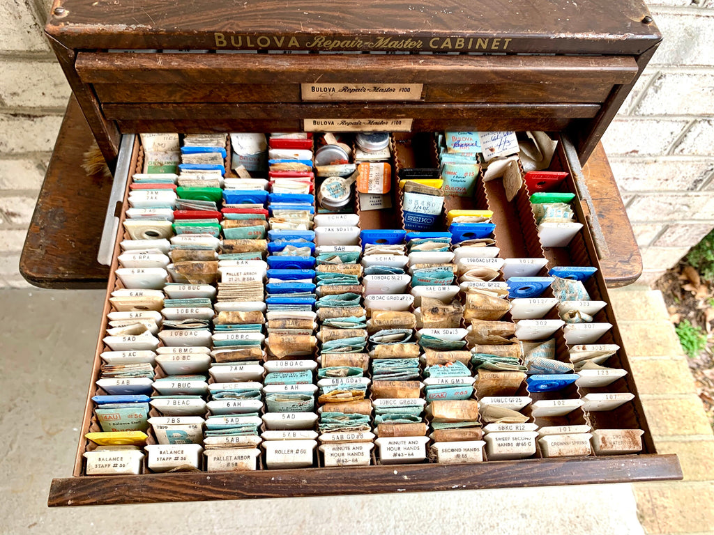 Bulova Repair-Master Cabinet With Contents | Vintage 3 Drawer Bulova Watch Repair Parts and Cabinet | Faux Woodgrain Bulova Parts Cabinet
