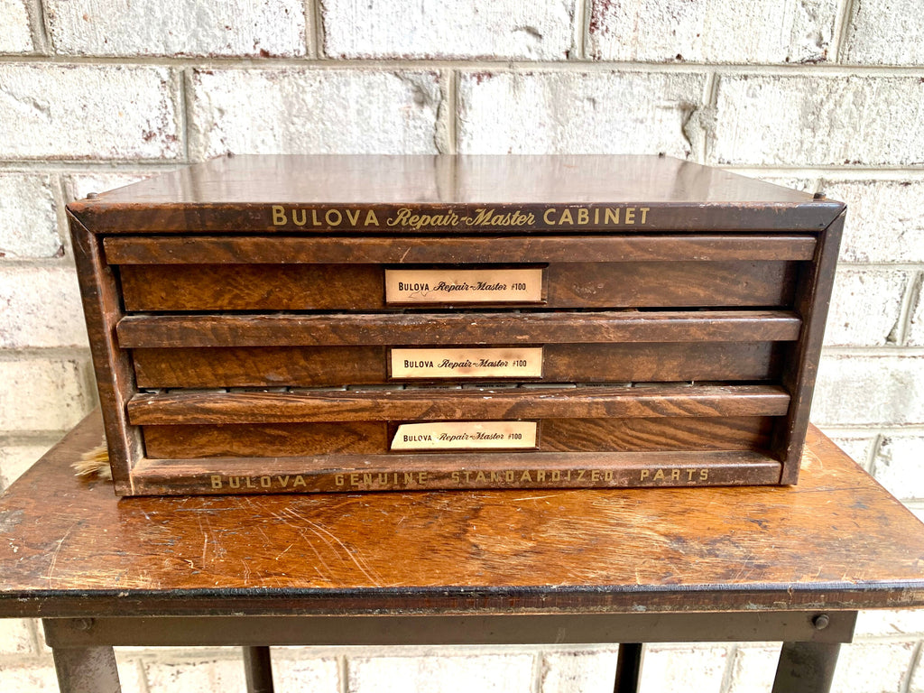 Bulova Repair-Master Cabinet With Contents | Vintage 3 Drawer Bulova Watch Repair Parts and Cabinet | Faux Woodgrain Bulova Parts Cabinet