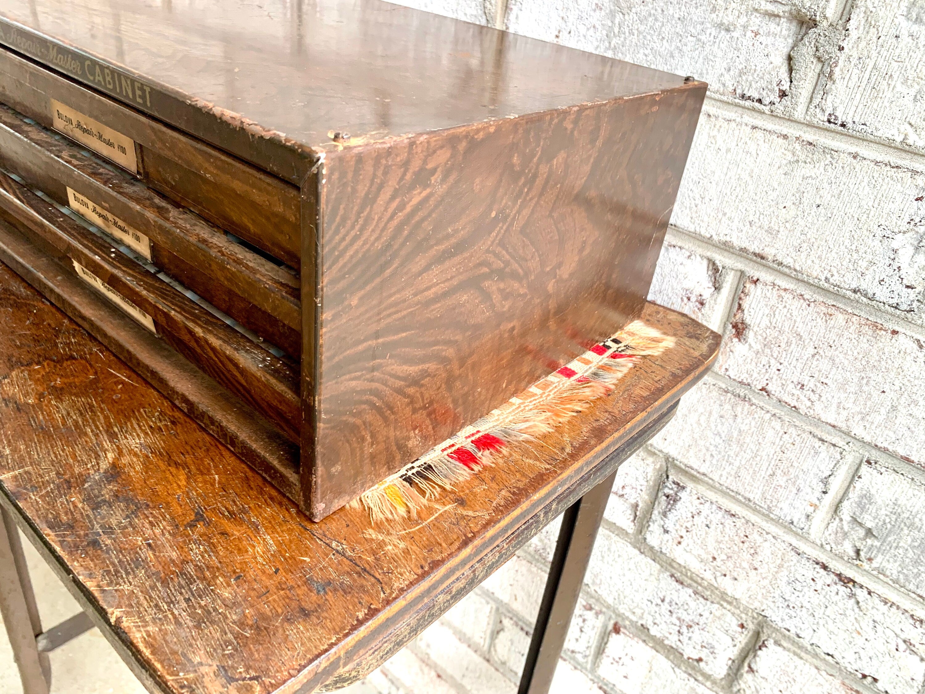 Bulova Repair-Master Cabinet With Contents | Vintage 3 Drawer Bulova Watch Repair Parts and Cabinet | Faux Woodgrain Bulova Parts Cabinet