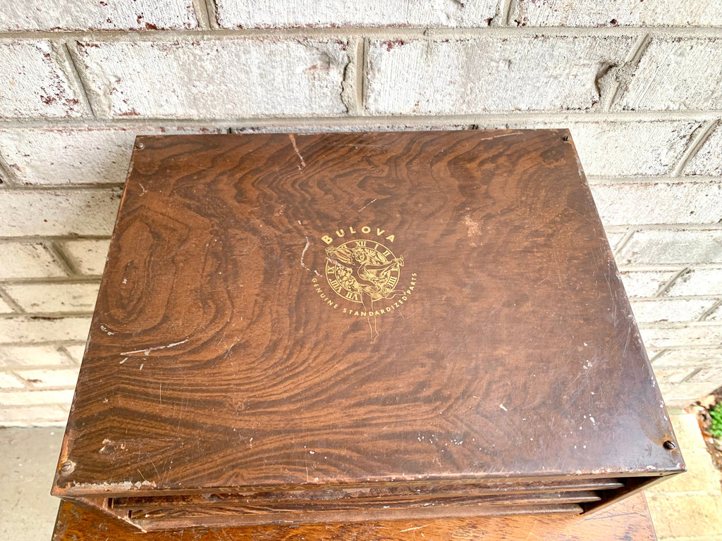 Bulova Repair-Master Cabinet With Contents | Vintage 3 Drawer Bulova Watch Repair Parts and Cabinet | Faux Woodgrain Bulova Parts Cabinet
