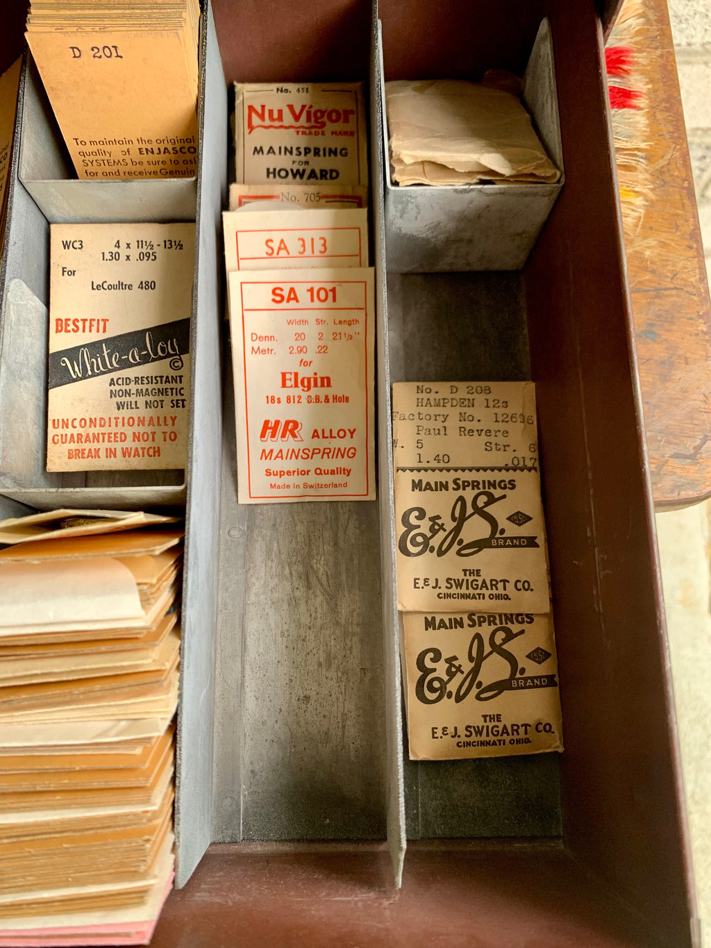 E&J Swigart Co. Cabinet With Contents | Vintage 2 Drawer Swigart Watch Repair Parts and Cabinet | Faux Woodgrain Parts Cabinet | Watch Springs