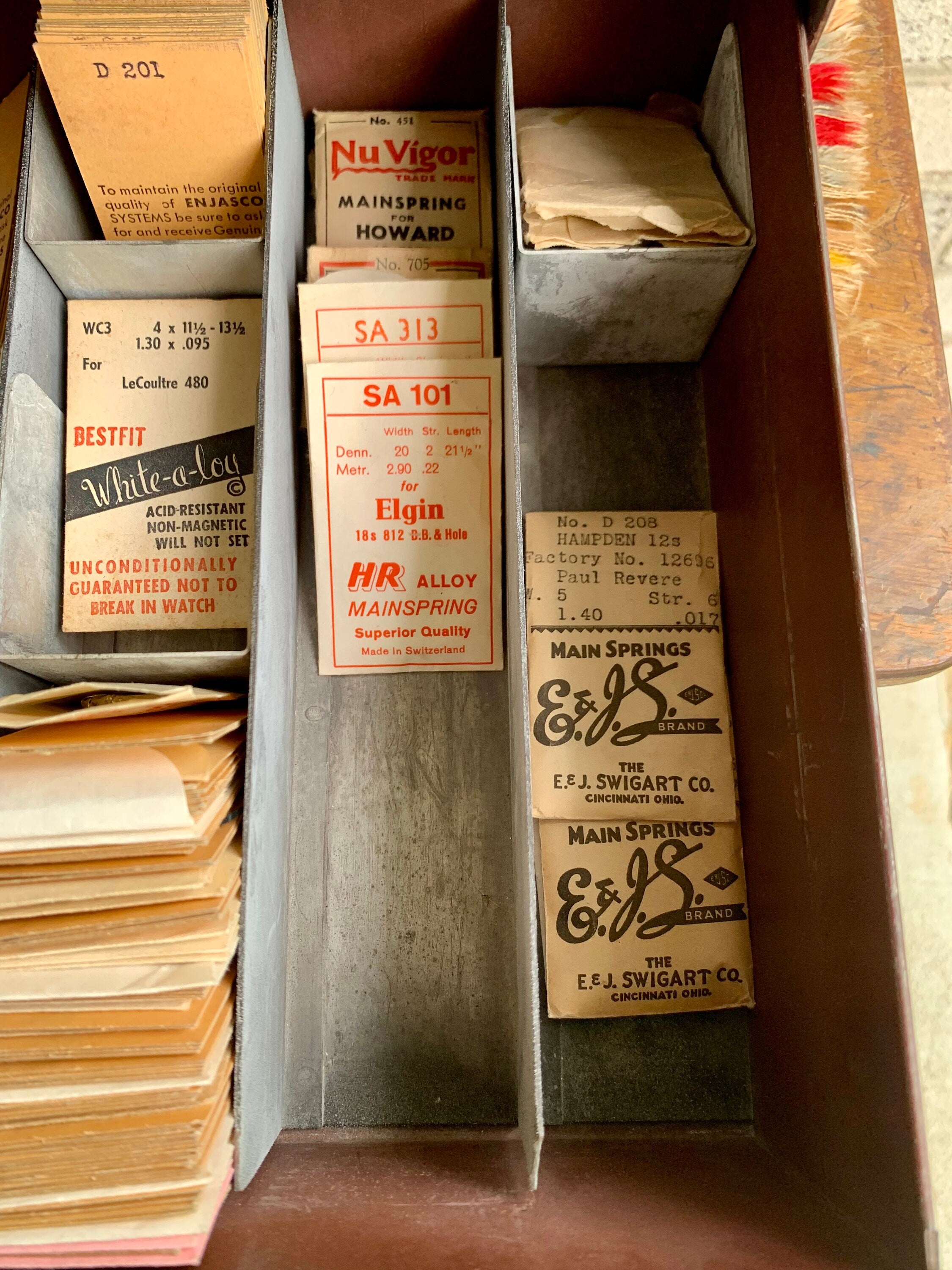 E&J Swigart Co. Cabinet With Contents | Vintage 2 Drawer Swigart Watch Repair Parts and Cabinet | Faux Woodgrain Parts Cabinet | Watch Springs