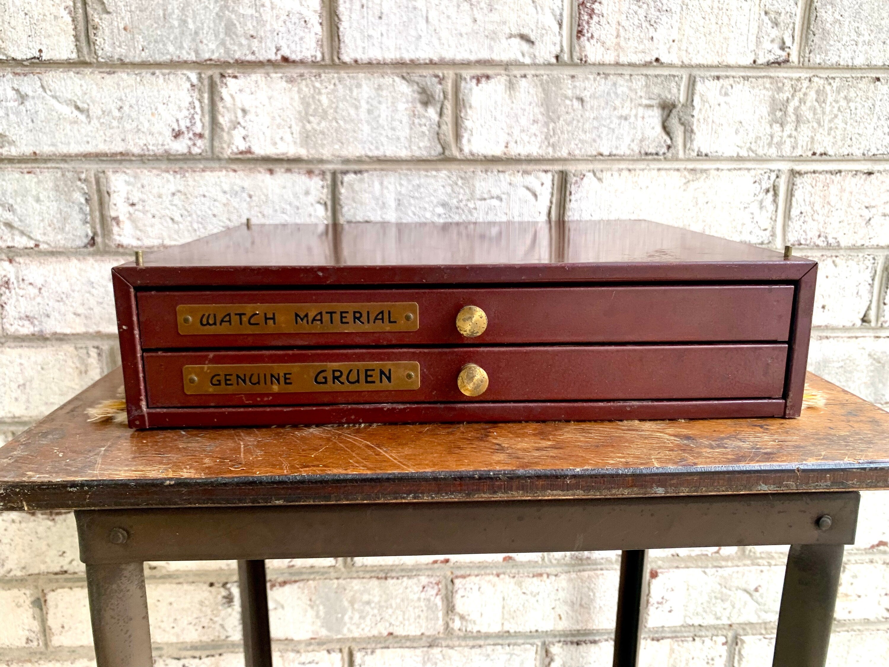Genuine Gruen Co. Cabinet With Contents | Vintage 2 Drawer Gruen Watch Repair Parts and Cabinet | Gruen Watch Parts Cabinet | Watch Parts
