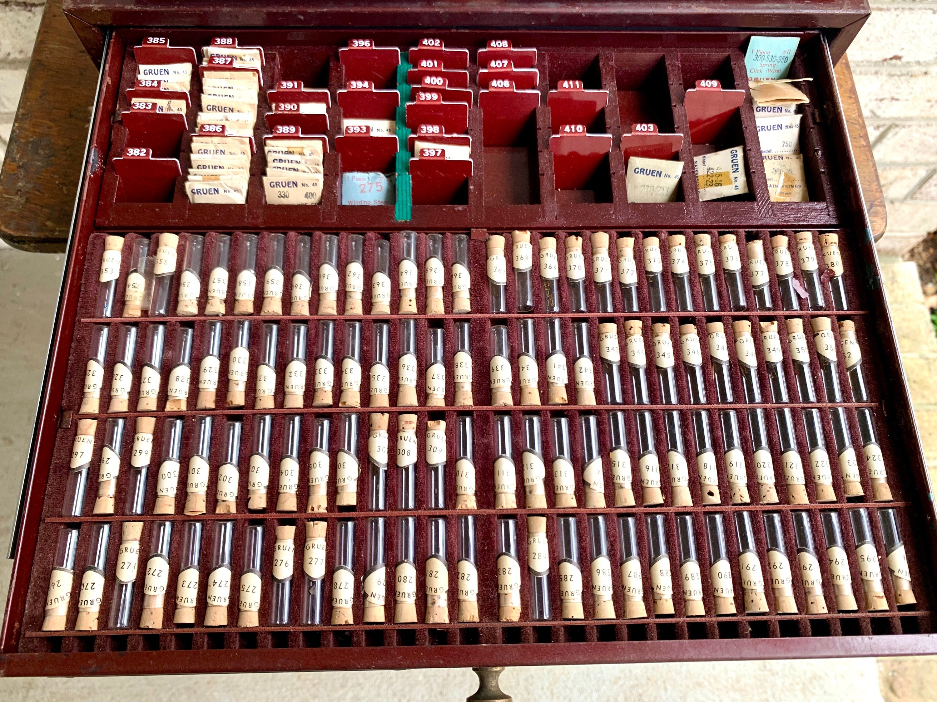 Genuine Gruen Co. Cabinet With Contents | Vintage 2 Drawer Gruen Watch Repair Parts and Cabinet | Gruen Watch Parts Cabinet | Watch Parts