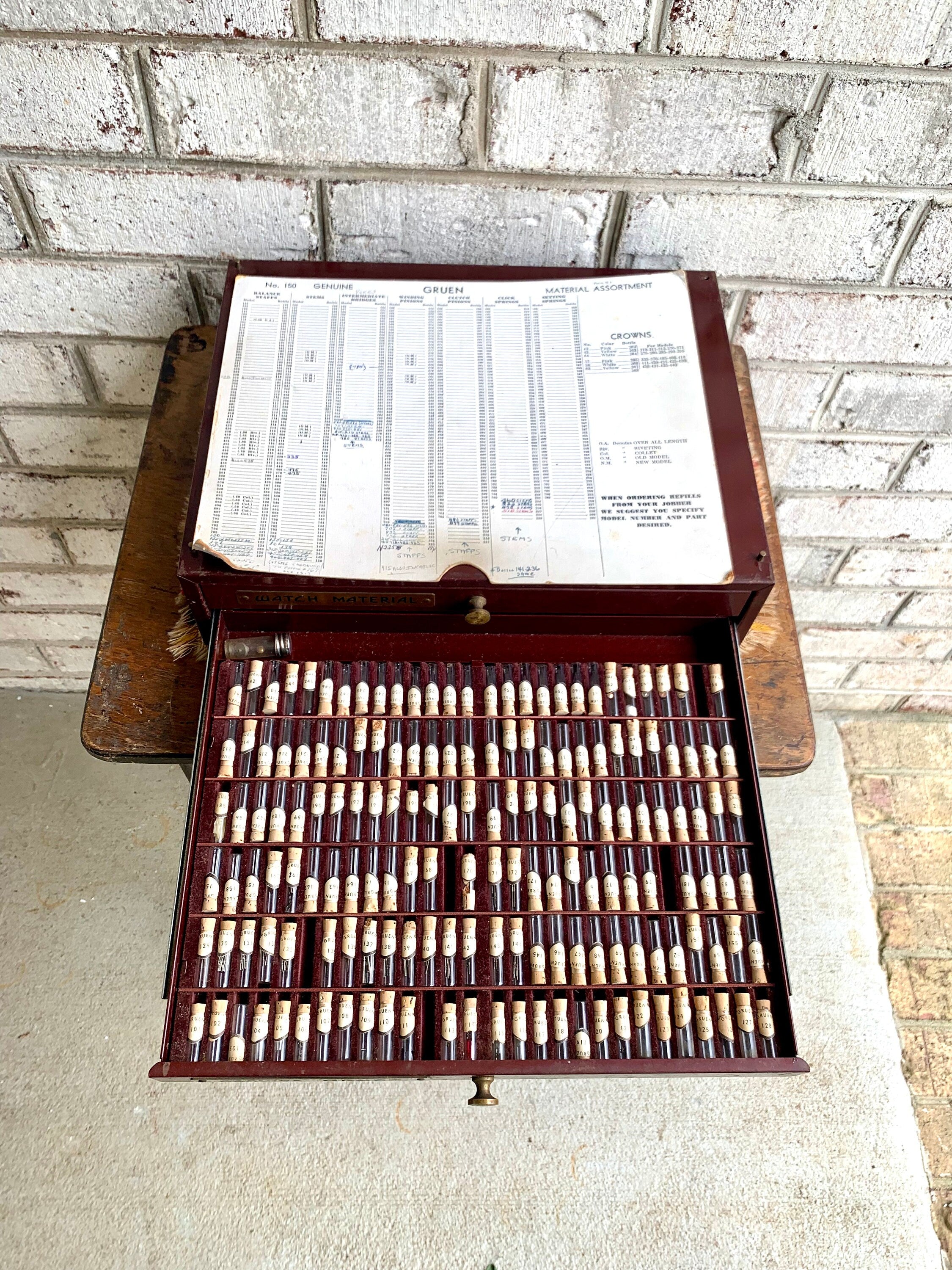 Genuine Gruen Co. Cabinet With Contents | Vintage 2 Drawer Gruen Watch Repair Parts and Cabinet | Gruen Watch Parts Cabinet | Watch Parts