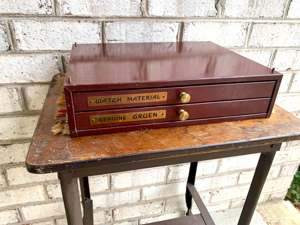 Genuine Gruen Co. Cabinet With Contents | Vintage 2 Drawer Gruen Watch Repair Parts and Cabinet | Gruen Watch Parts Cabinet | Watch Parts