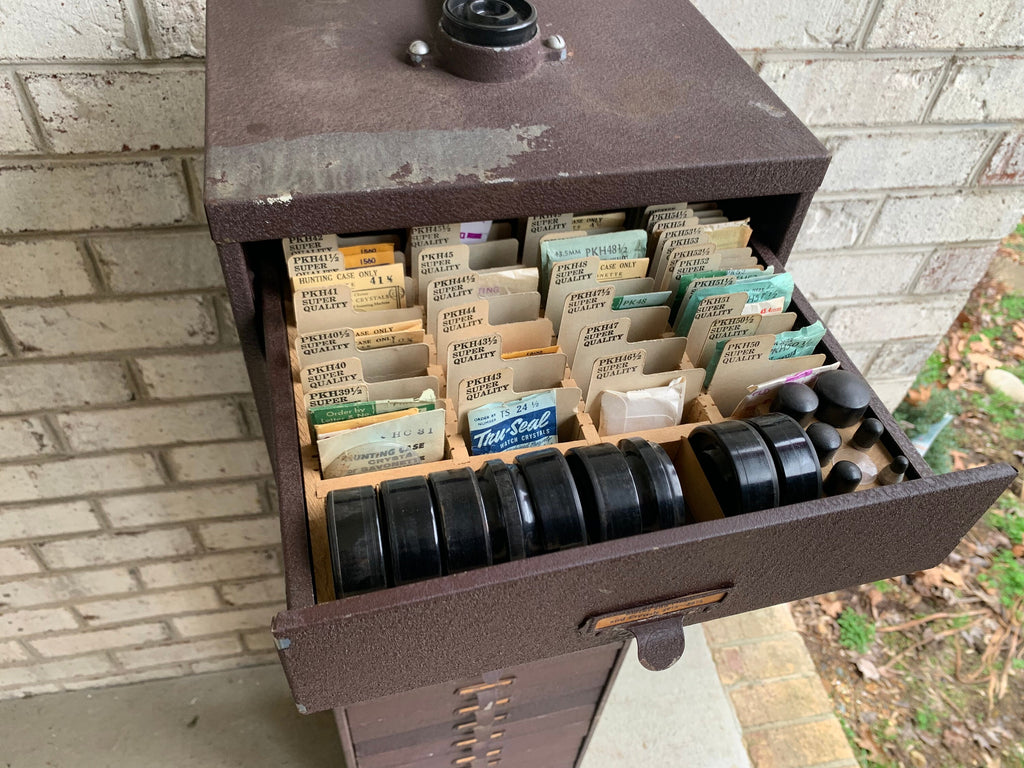 Germanow & Simon Watch Crystal Cabinet | Vintage Metal Watch Crystal Cabinet With Built In Press | Watch Crystals and Cabinet | Watch Repair