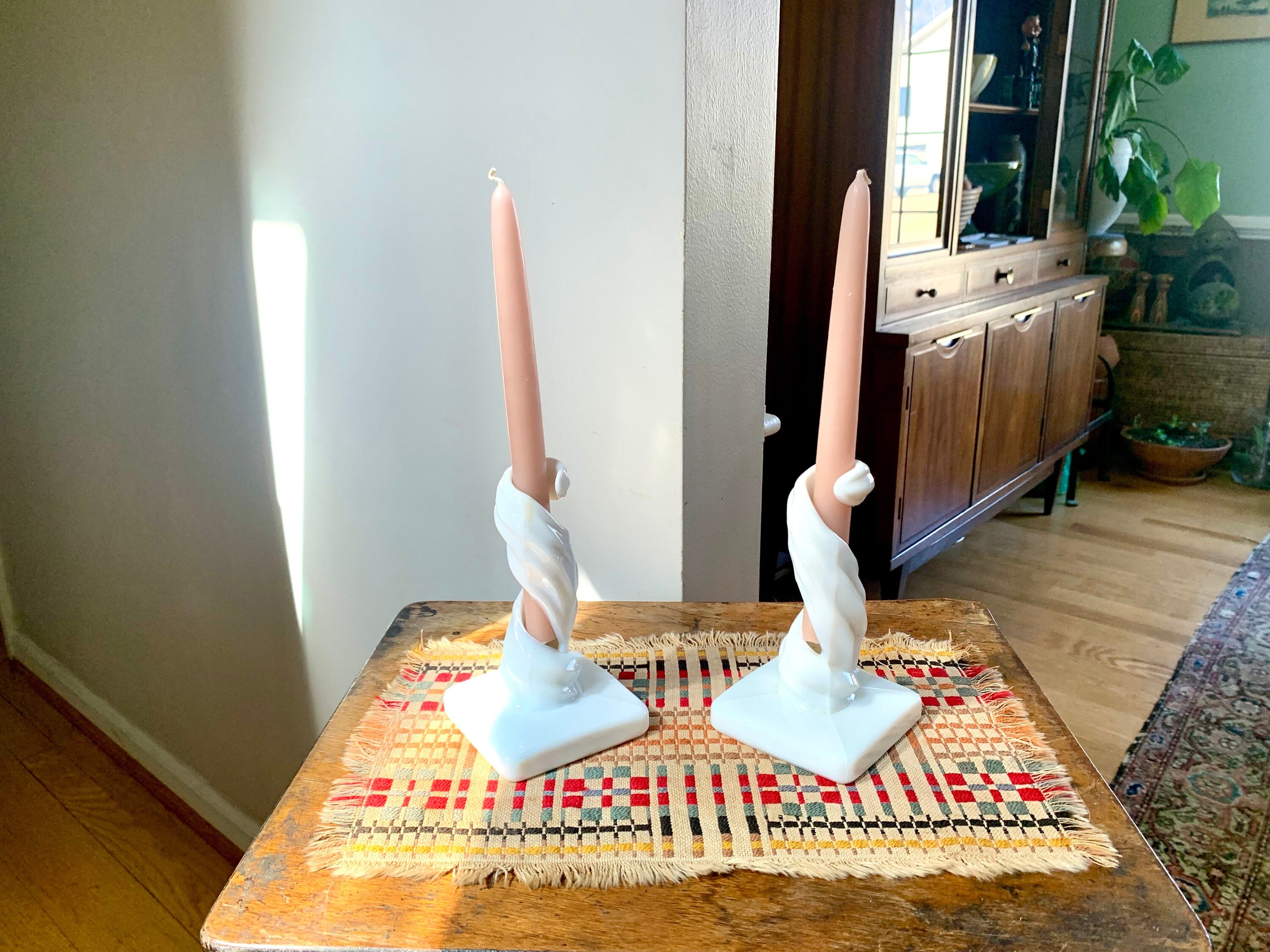 Vtg Westmoreland Milk Glass Spiral Candlesticks | MIlk Glass Spiral Candle Holders| MCM Spiral Candlesticks Holders| Lotus Swirl Pattern