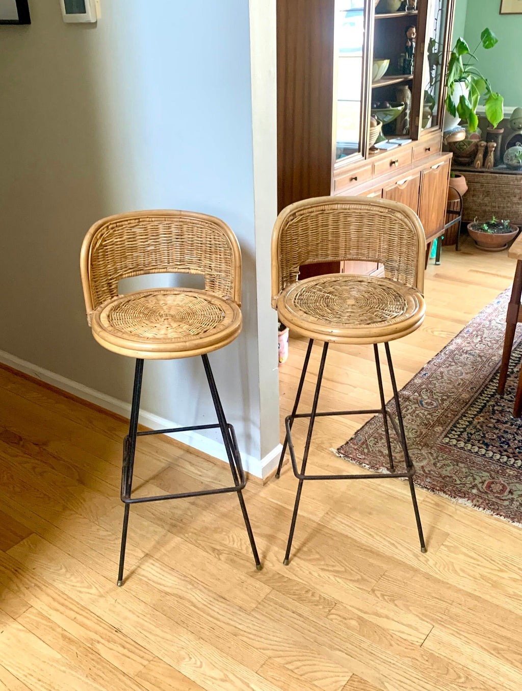 Pair of Mid Century Rattan Bar Stools | Danish Modern Bohemian Swivel Bar Stools | Rustic Seating| Boho Wicker Counter Stools| Rustic Stools