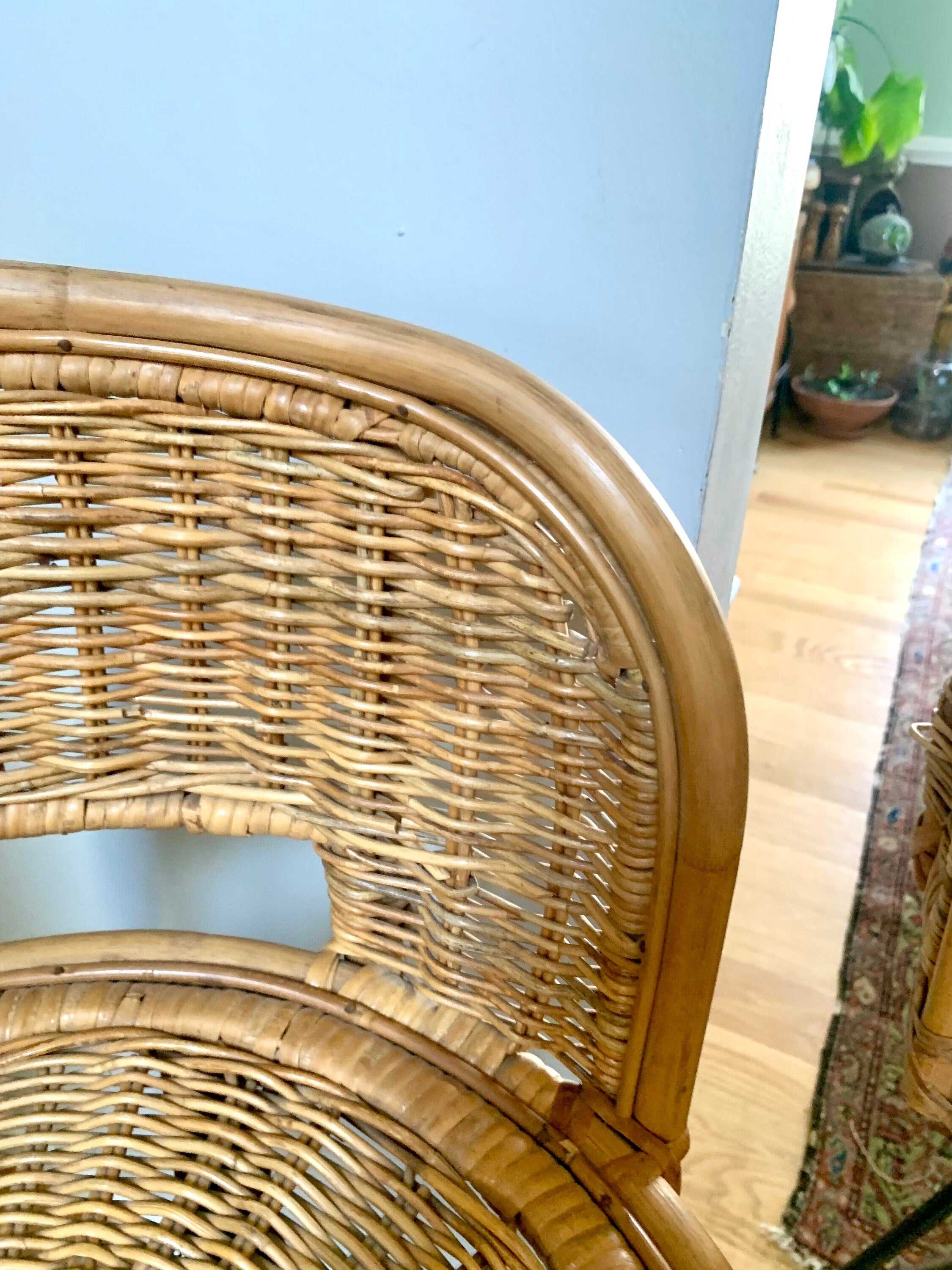 Pair of Mid Century Rattan Bar Stools | Danish Modern Bohemian Swivel Bar Stools | Rustic Seating| Boho Wicker Counter Stools| Rustic Stools