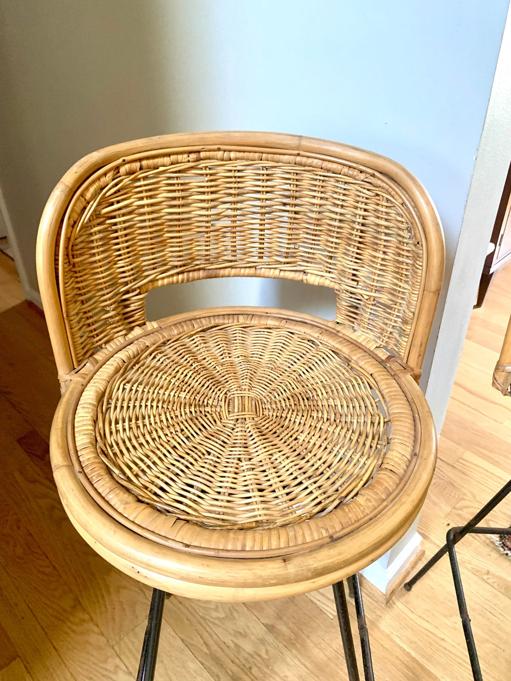 Pair of Mid Century Rattan Bar Stools | Danish Modern Bohemian Swivel Bar Stools | Rustic Seating| Boho Wicker Counter Stools| Rustic Stools