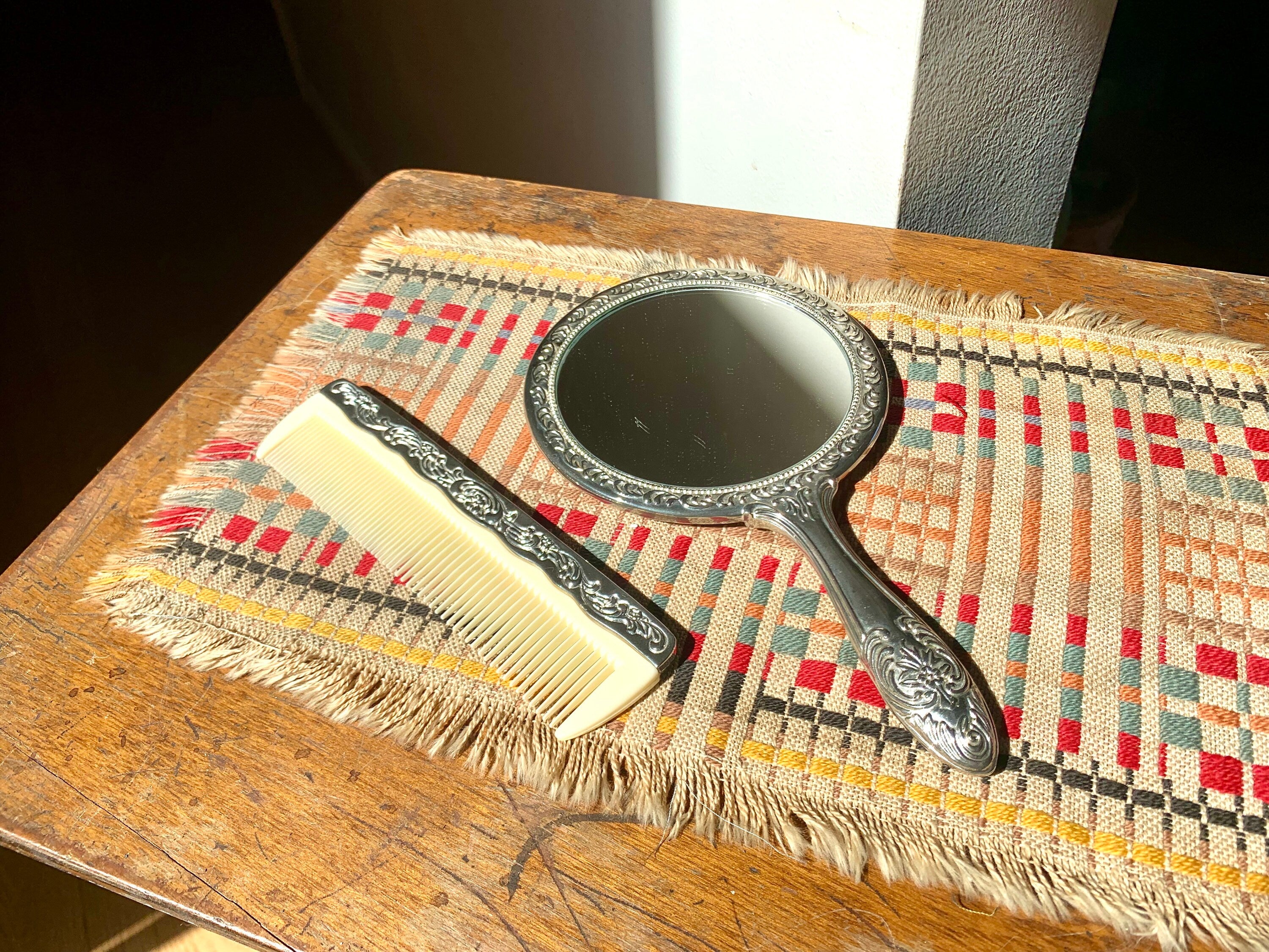 Silver Plated Vanity Mirror and Comb | Ornate Silver Vanity Mirror and Comb | Ornate Hand Mirror | Silver Plated Vanity Set