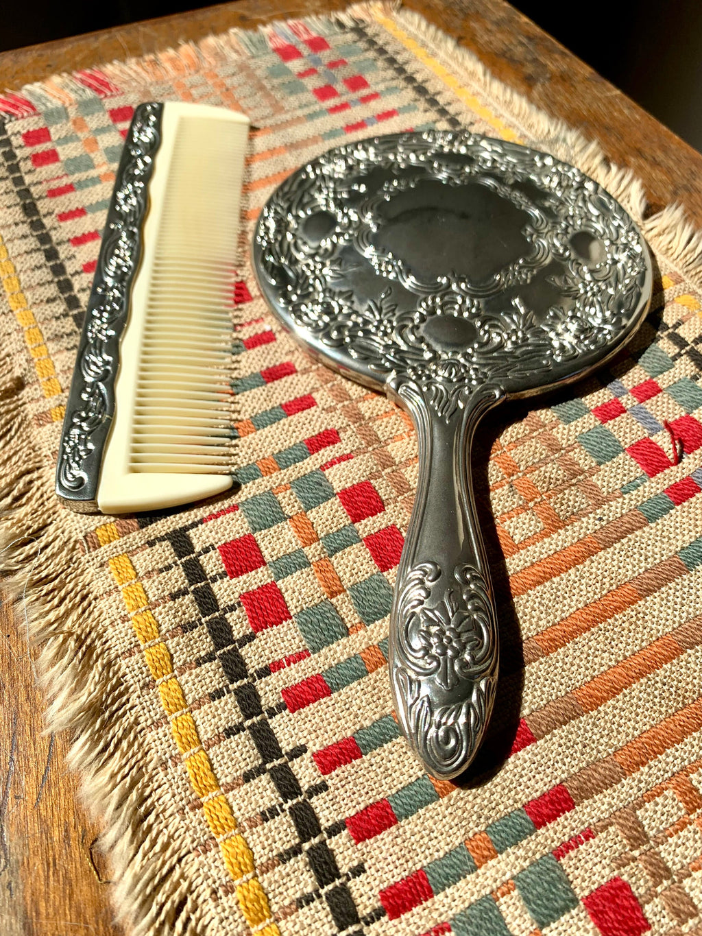 Silver Plated Vanity Mirror and Comb | Ornate Silver Vanity Mirror and Comb | Ornate Hand Mirror | Silver Plated Vanity Set