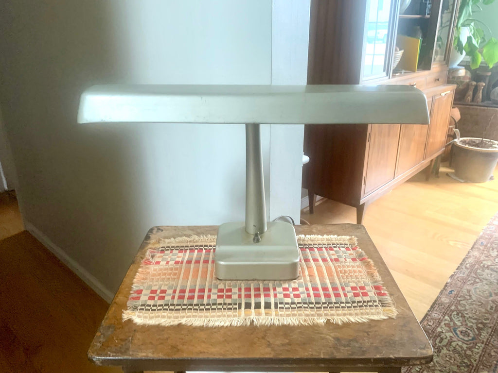 Metal Banker's Desk Lamp | Gray Metal Desk Lamp | Vintage Metal Shade Fluorescent Lamp | Art Deco Metal Desk Lamp | Metal Bankers Lamp