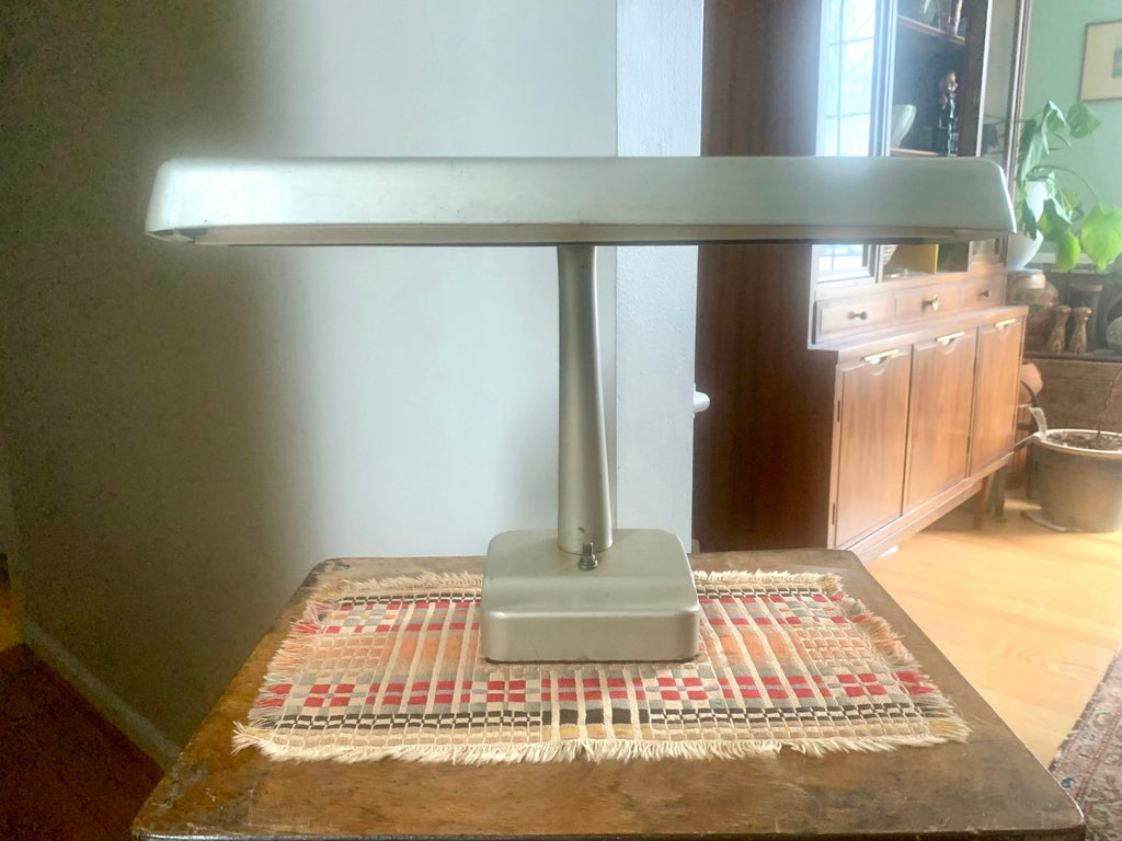 Metal Banker's Desk Lamp | Gray Metal Desk Lamp | Vintage Metal Shade Fluorescent Lamp | Art Deco Metal Desk Lamp | Metal Bankers Lamp