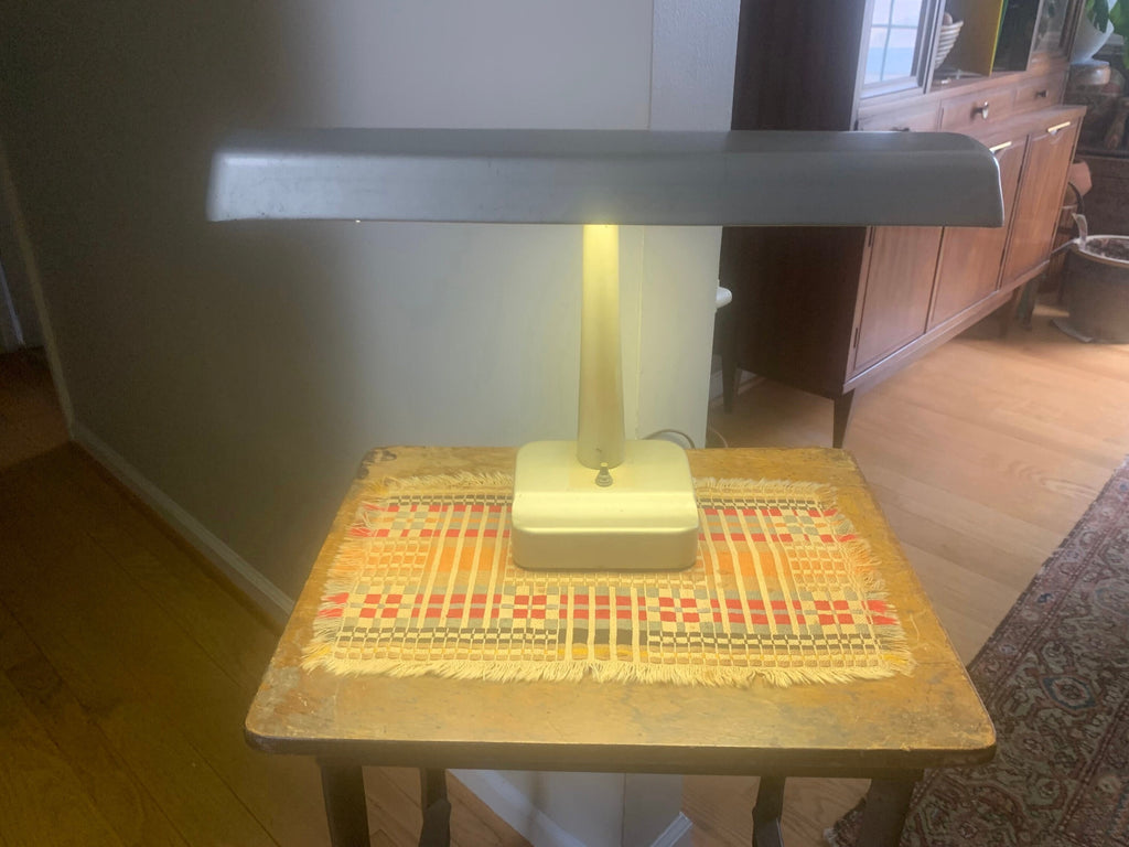 Metal Banker's Desk Lamp | Gray Metal Desk Lamp | Vintage Metal Shade Fluorescent Lamp | Art Deco Metal Desk Lamp | Metal Bankers Lamp