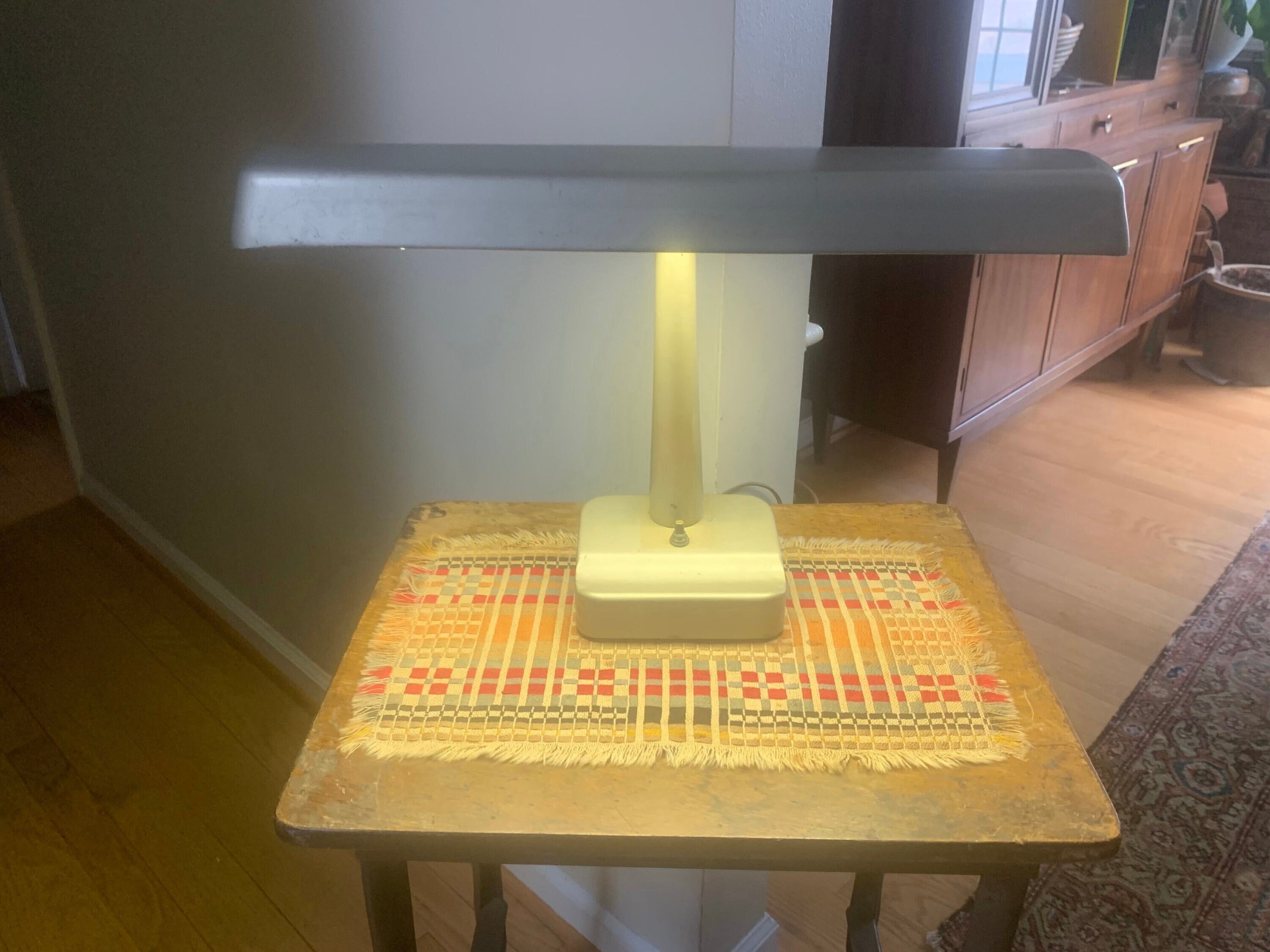 Metal Banker's Desk Lamp | Gray Metal Desk Lamp | Vintage Metal Shade Fluorescent Lamp | Art Deco Metal Desk Lamp | Metal Bankers Lamp