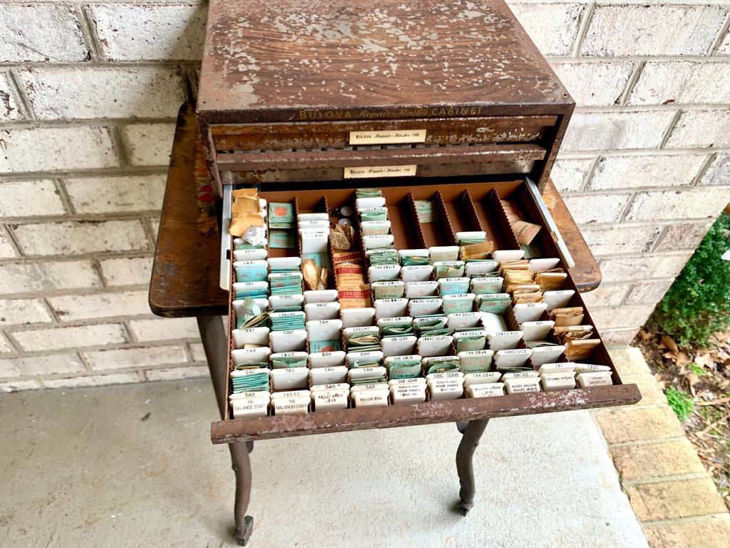 Bulova Repair-Master Cabinet With Contents | Vintage 3 Drawer Bulova Watch Repair Parts and Cabinet | Distressed Bulova Parts Cabinet