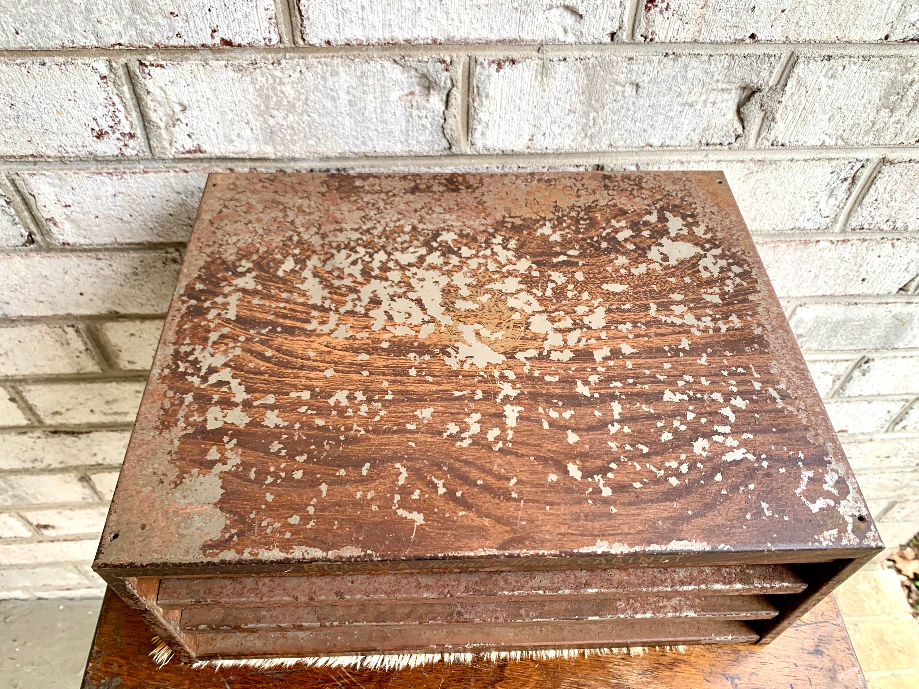 Bulova Repair-Master Cabinet With Contents | Vintage 3 Drawer Bulova Watch Repair Parts and Cabinet | Distressed Bulova Parts Cabinet