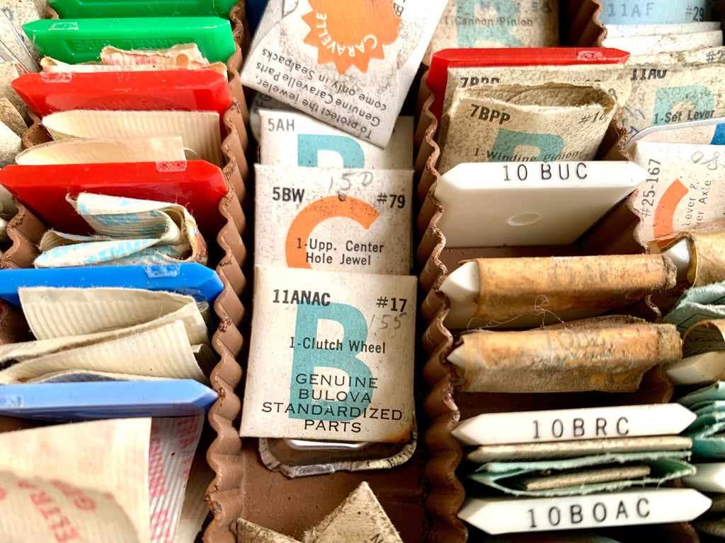 Bulova Repair-Master Cabinet With Contents | Vintage 3 Drawer Bulova Watch Repair Parts and Cabinet | Faux Woodgrain Bulova Parts Cabinet