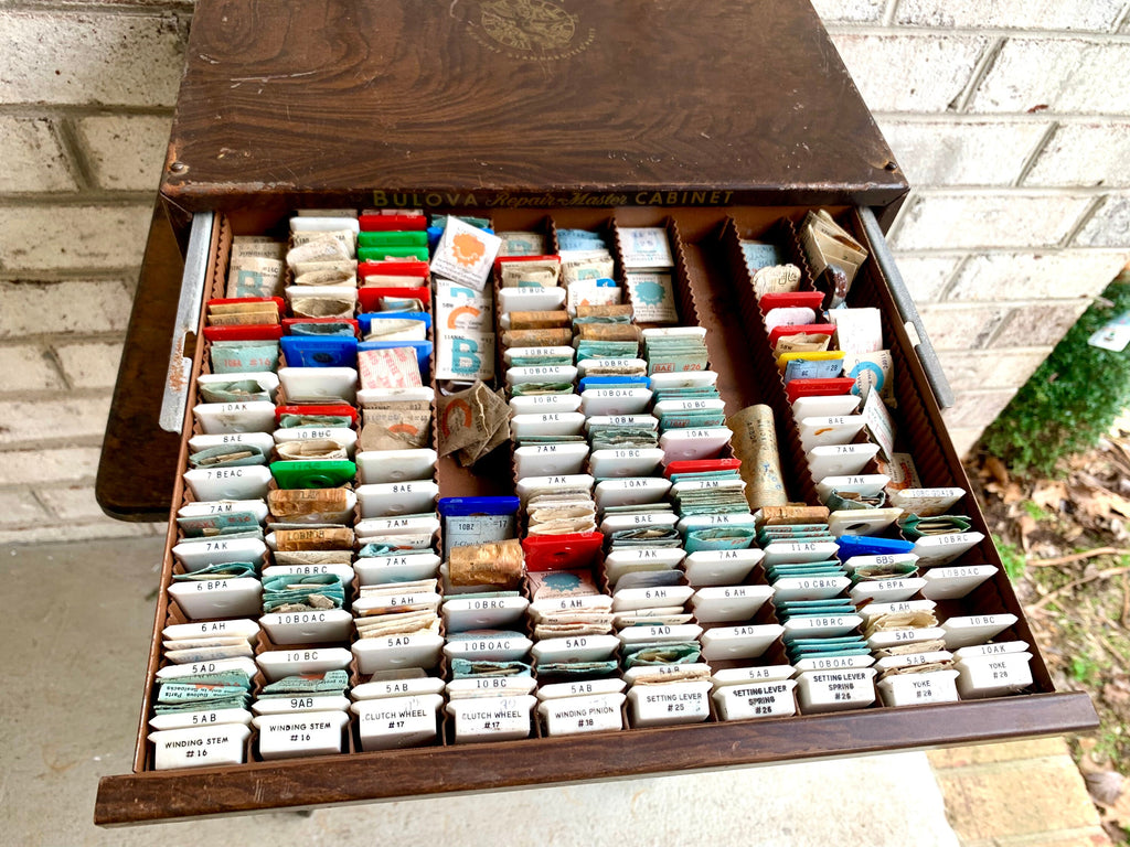 Bulova Repair-Master Cabinet With Contents | Vintage 3 Drawer Bulova Watch Repair Parts and Cabinet | Faux Woodgrain Bulova Parts Cabinet