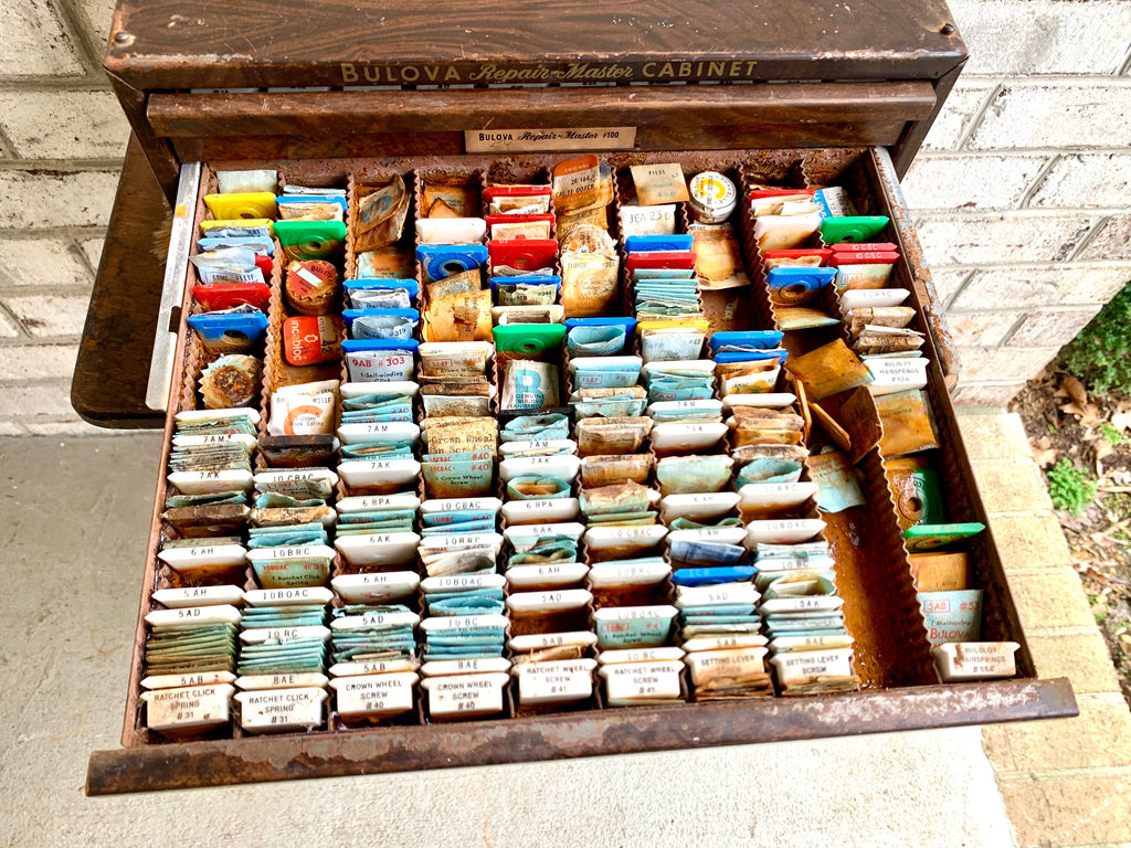 Bulova Repair-Master Cabinet With Contents | Vintage 3 Drawer Bulova Watch Repair Parts and Cabinet | Faux Woodgrain Bulova Parts Cabinet