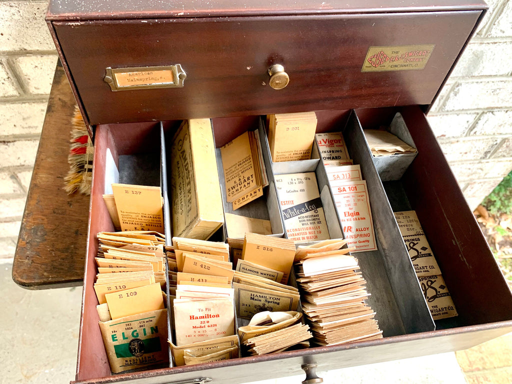 E&J Swigart Co. Cabinet With Contents | Vintage 2 Drawer Swigart Watch Repair Parts and Cabinet | Faux Woodgrain Parts Cabinet | Watch Springs
