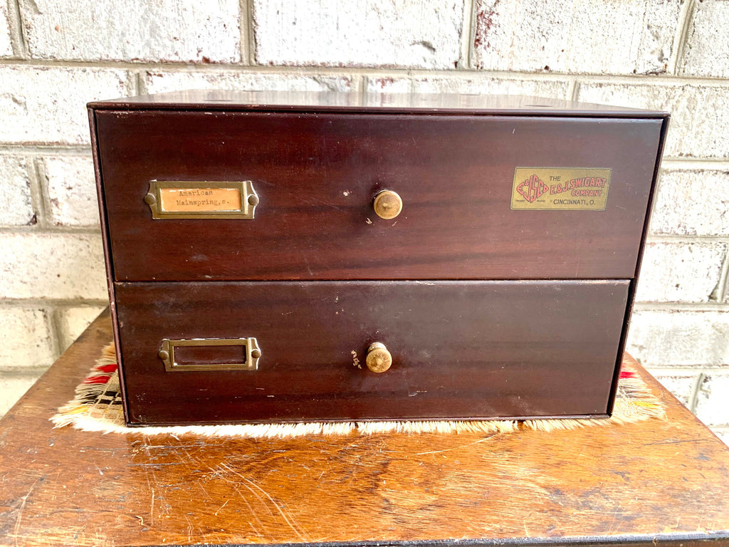 E&J Swigart Co. Cabinet With Contents | Vintage 2 Drawer Swigart Watch Repair Parts and Cabinet | Faux Woodgrain Parts Cabinet | Watch Springs