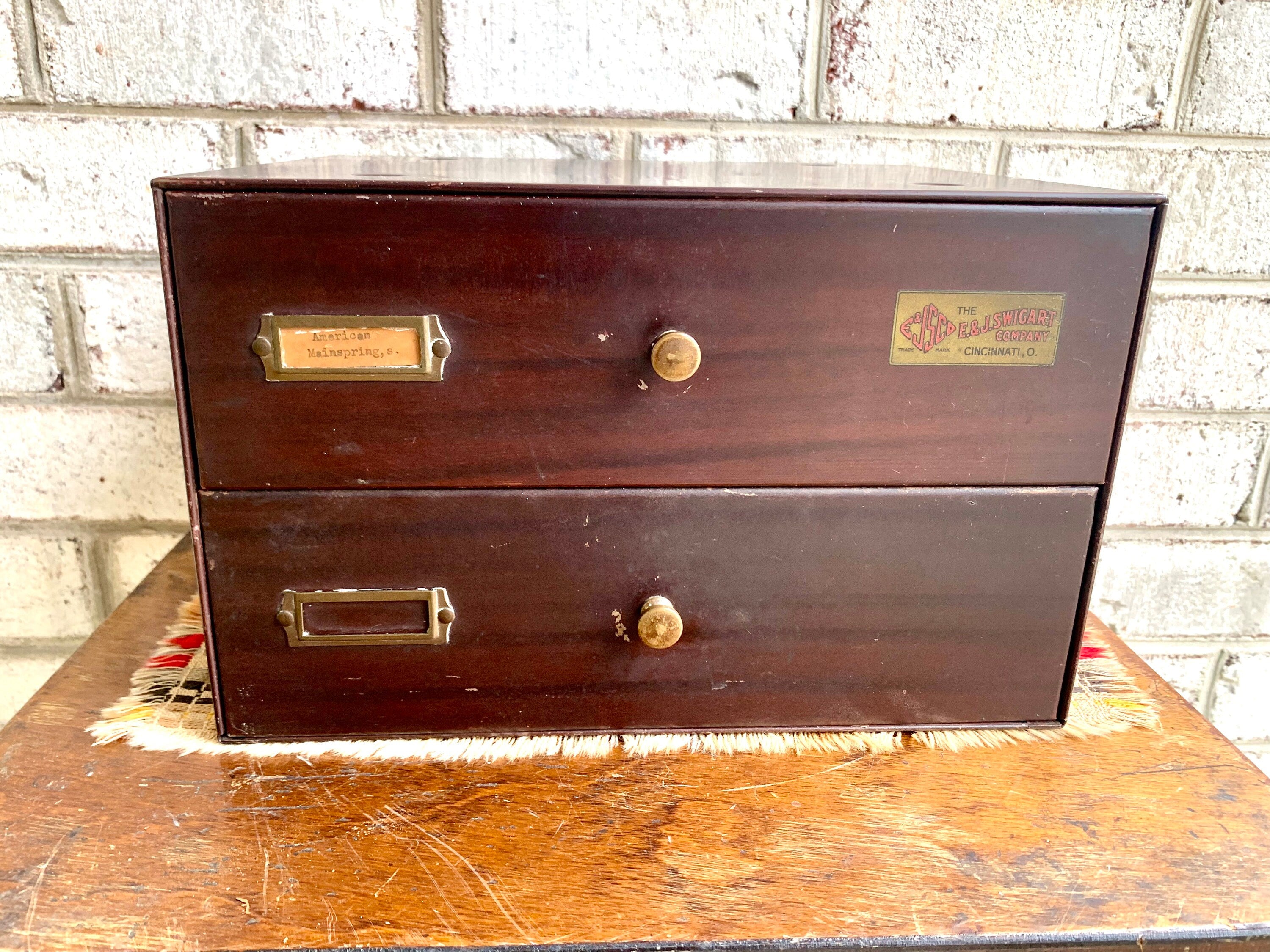 E&J Swigart Co. Cabinet With Contents | Vintage 2 Drawer Swigart Watch Repair Parts and Cabinet | Faux Woodgrain Parts Cabinet | Watch Springs