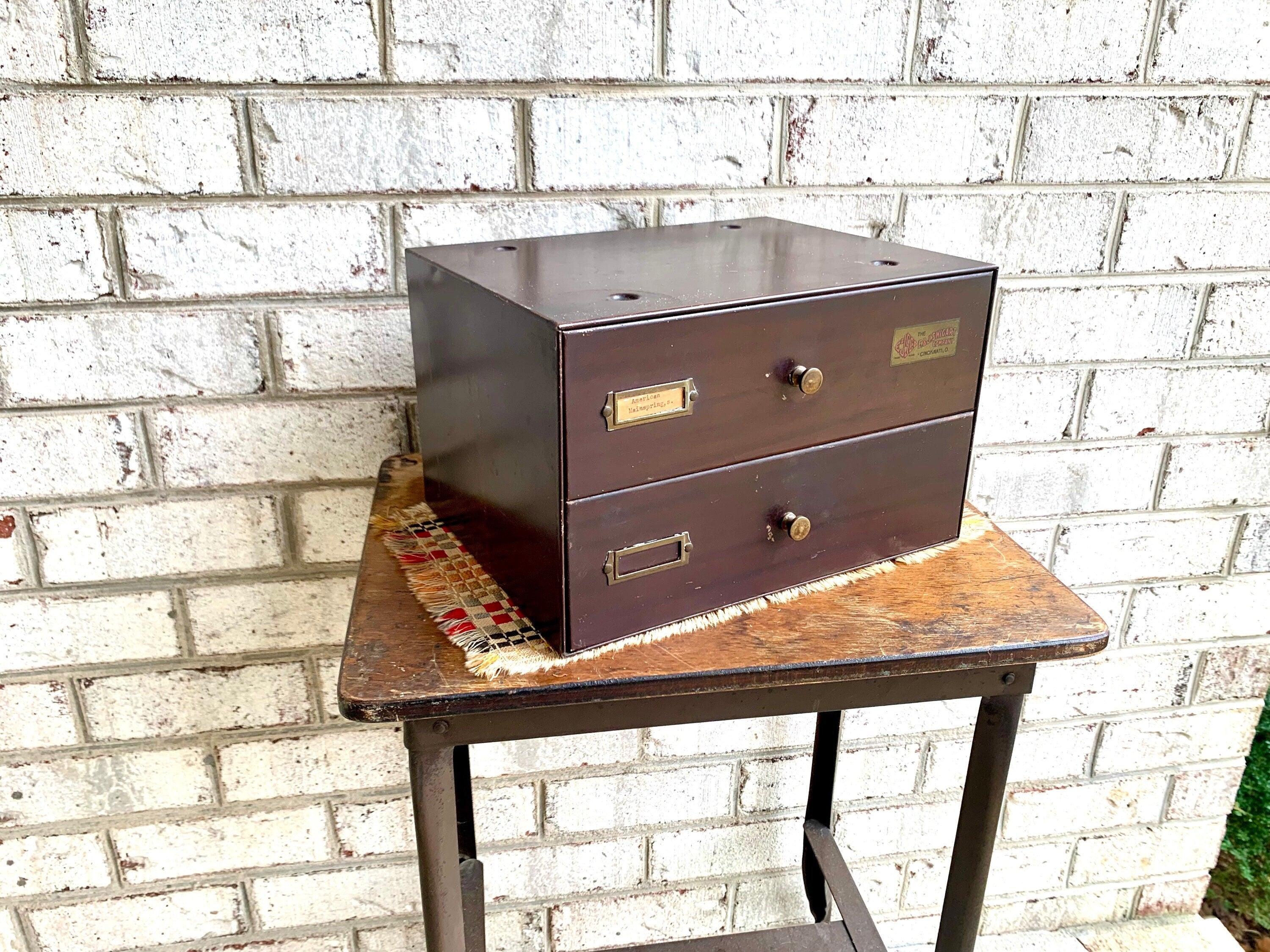 E&J Swigart Co. Cabinet With Contents | Vintage 2 Drawer Swigart Watch Repair Parts and Cabinet | Faux Woodgrain Parts Cabinet | Watch Springs