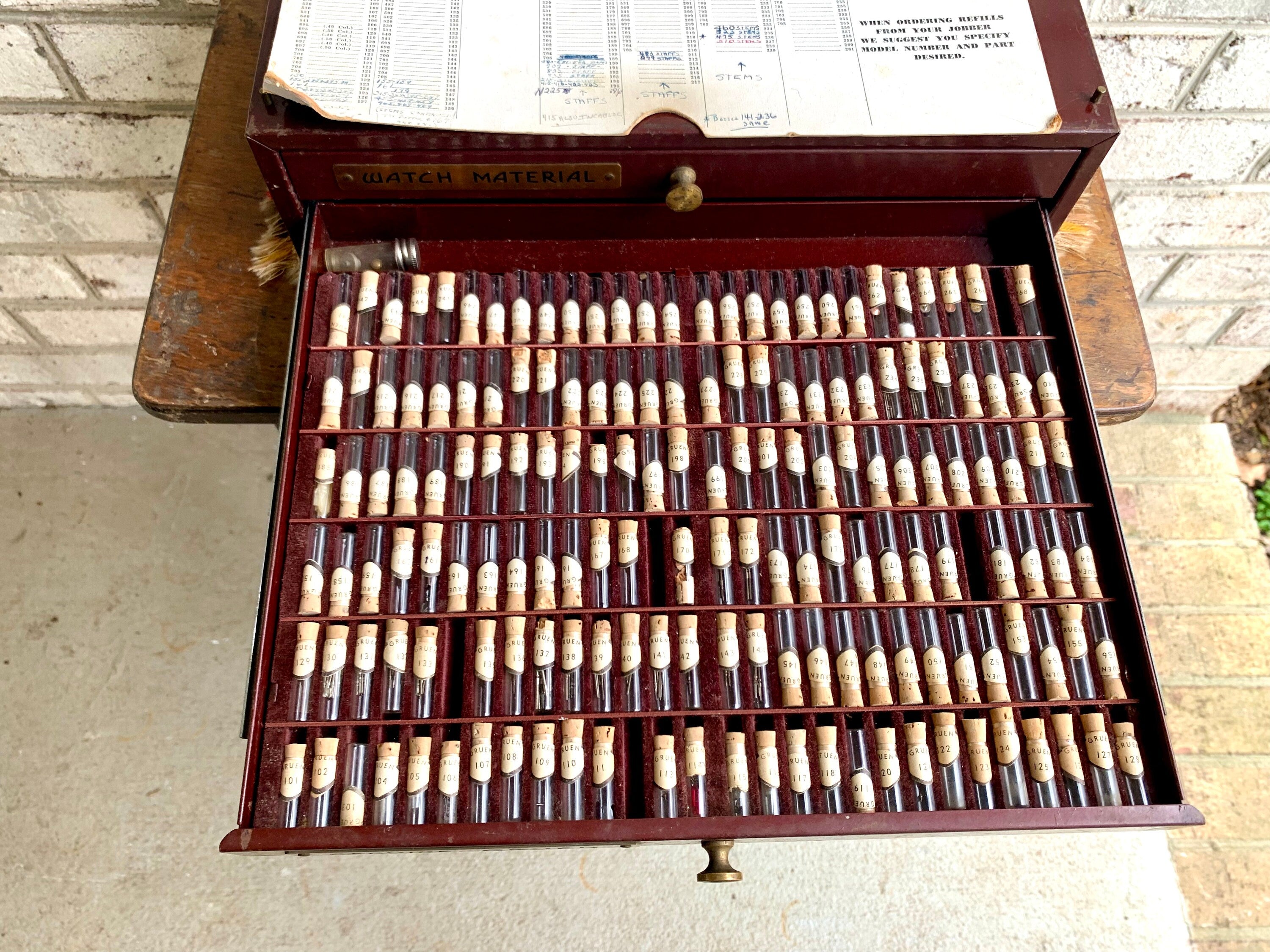 Genuine Gruen Co. Cabinet With Contents | Vintage 2 Drawer Gruen Watch Repair Parts and Cabinet | Gruen Watch Parts Cabinet | Watch Parts