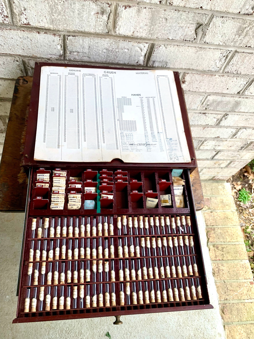 Genuine Gruen Co. Cabinet With Contents | Vintage 2 Drawer Gruen Watch Repair Parts and Cabinet | Gruen Watch Parts Cabinet | Watch Parts