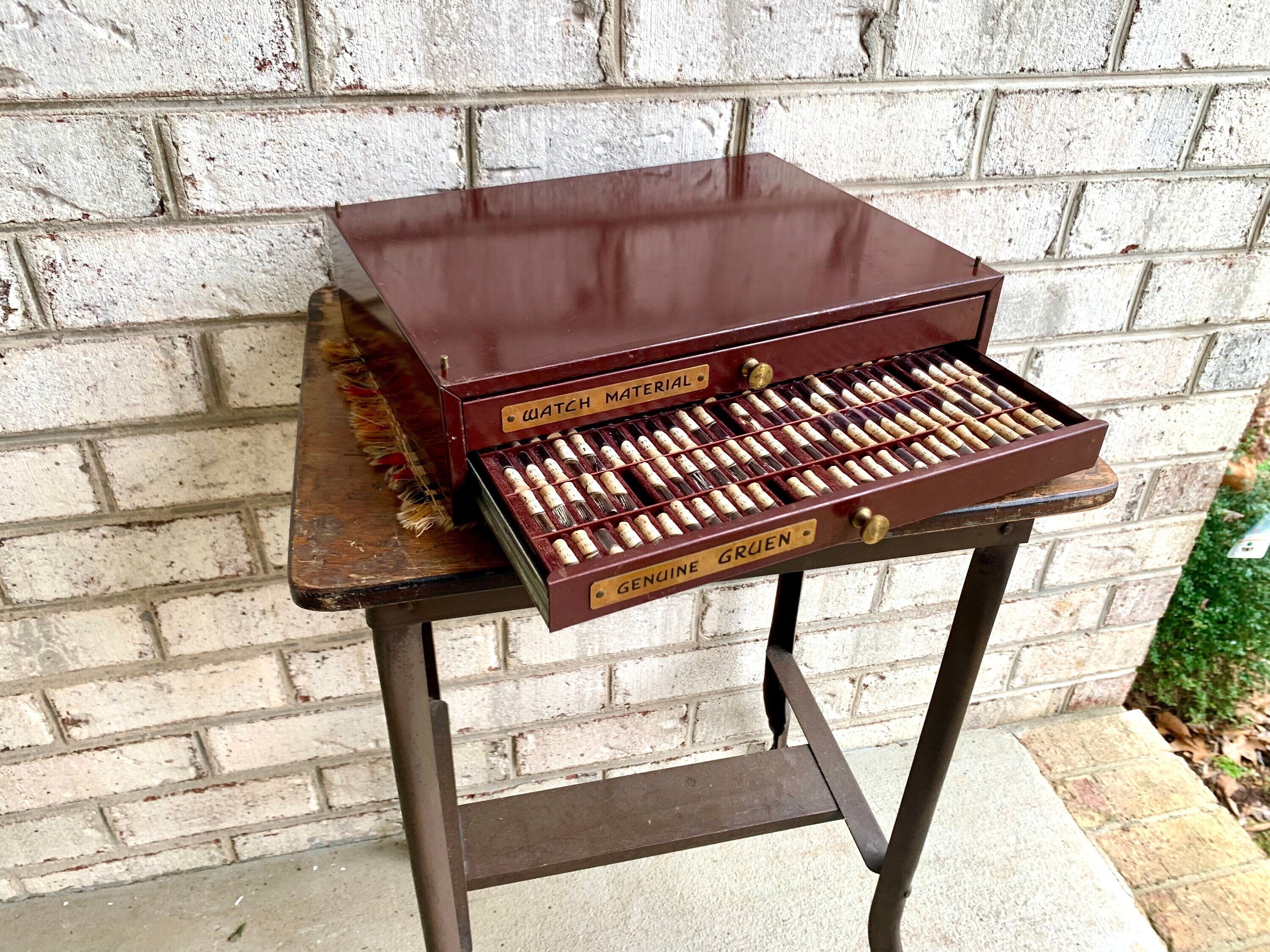 Genuine Gruen Co. Cabinet With Contents | Vintage 2 Drawer Gruen Watch Repair Parts and Cabinet | Gruen Watch Parts Cabinet | Watch Parts