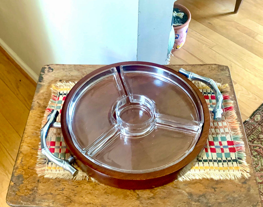 Vtg Atticus Serving Dish | Wood and Glass Divided Serving Tray | Metal Bamboo Designed Handle Serving Tray | MCM Serving Tray