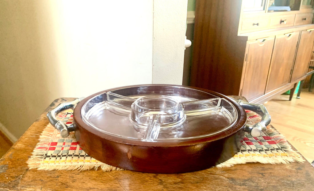 Vtg Atticus Serving Dish | Wood and Glass Divided Serving Tray | Metal Bamboo Designed Handle Serving Tray | MCM Serving Tray