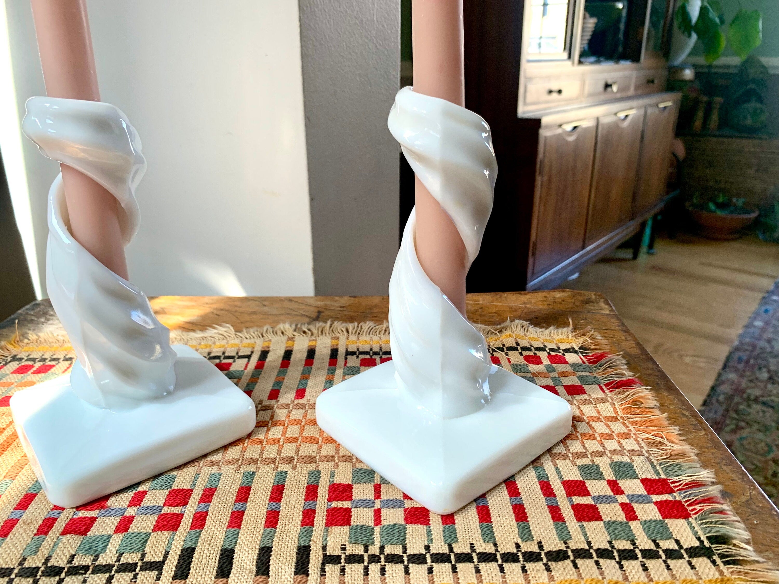 Vtg Westmoreland Milk Glass Spiral Candlesticks | MIlk Glass Spiral Candle Holders| MCM Spiral Candlesticks Holders| Lotus Swirl Pattern