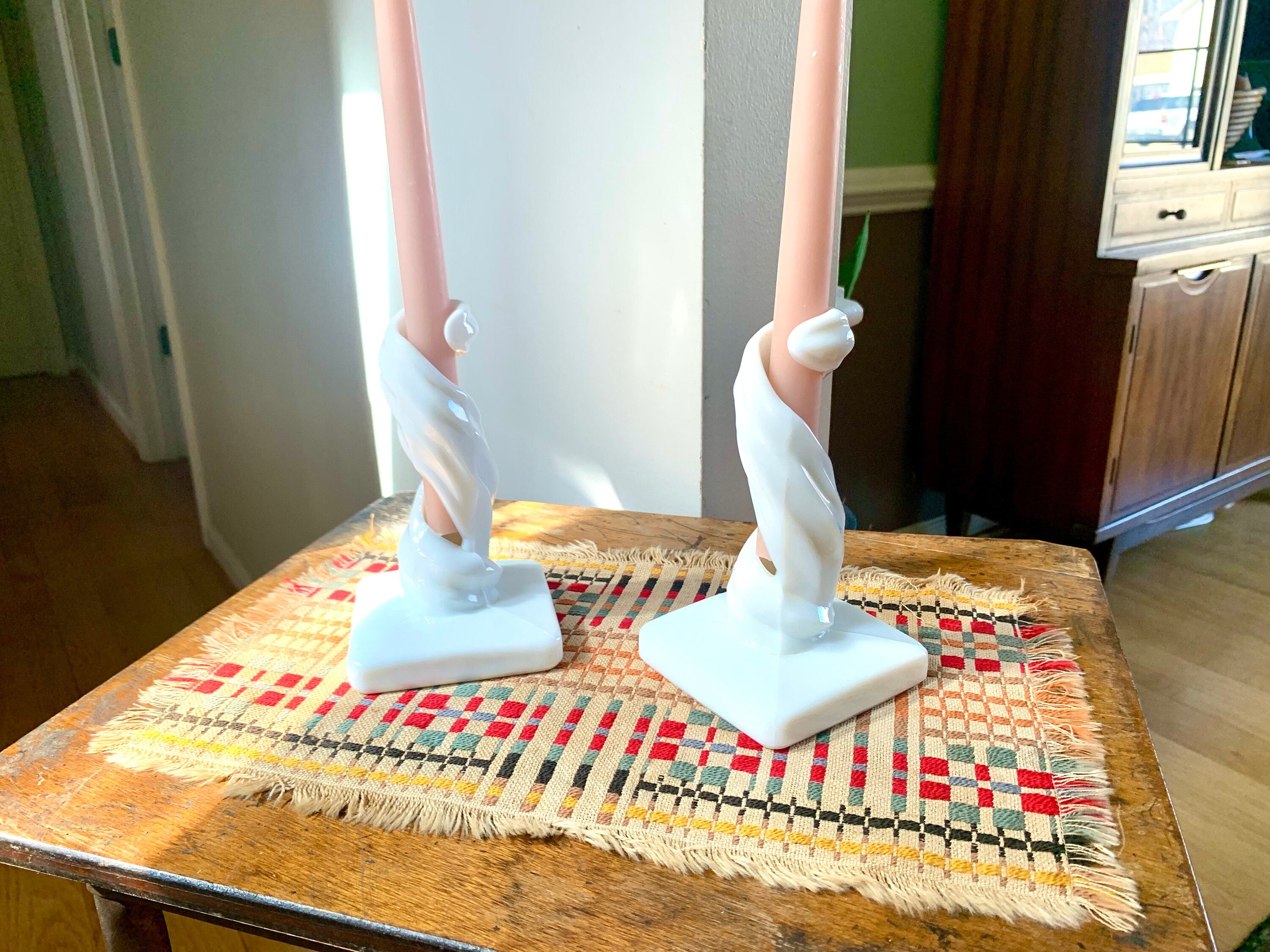 Vtg Westmoreland Milk Glass Spiral Candlesticks | MIlk Glass Spiral Candle Holders| MCM Spiral Candlesticks Holders| Lotus Swirl Pattern