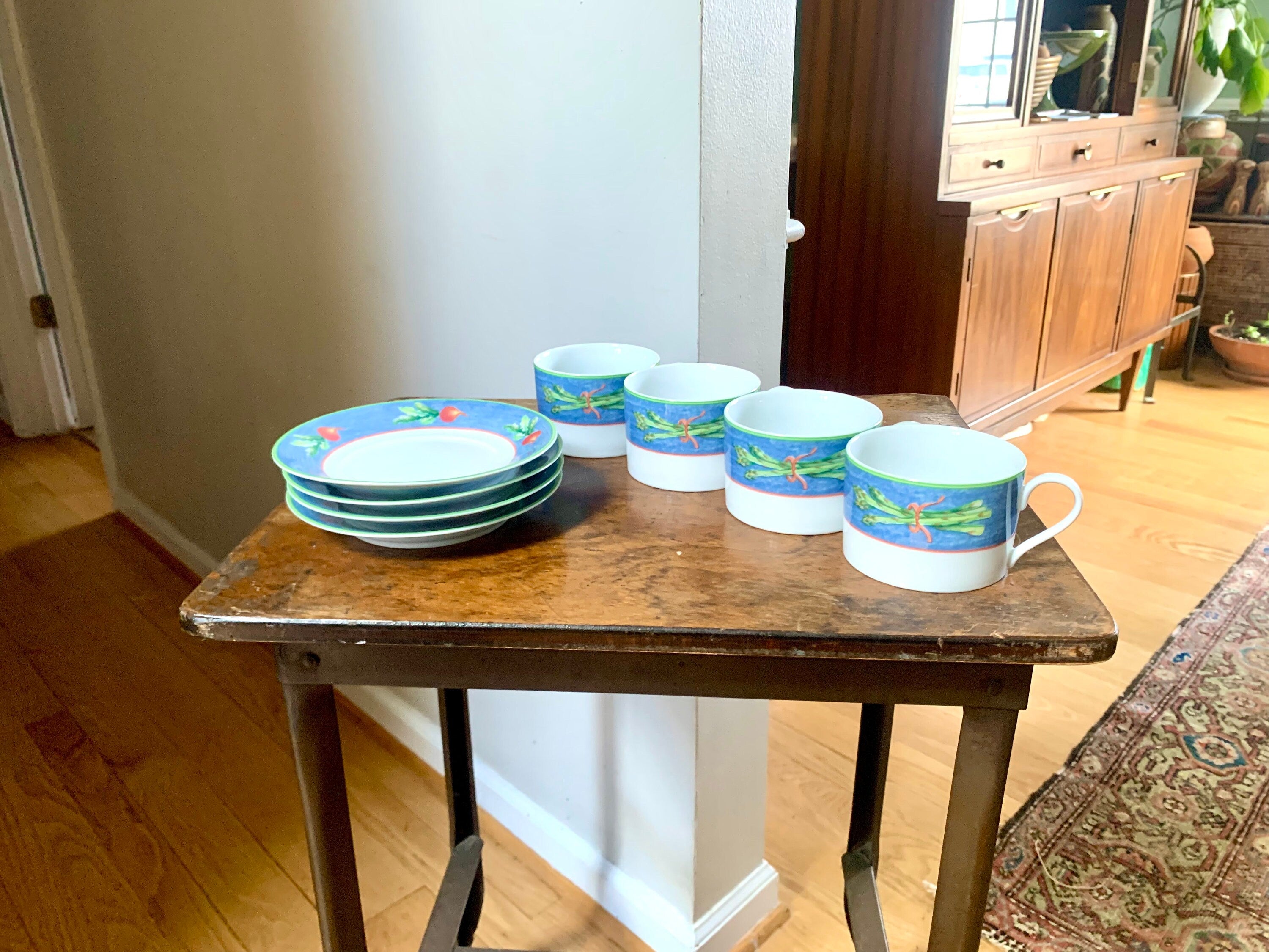 Vtg Mikasa Cup and Saucer Set | Asparagus Mikasa Cups and Saucers | Village Market Blue Mikasa China Set | Set Of 4 Mikasa Tea Set