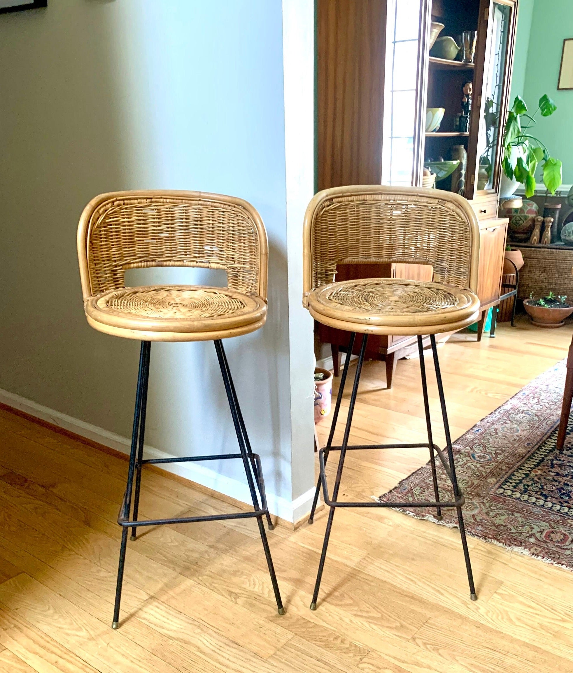Pair of Mid Century Rattan Bar Stools | Danish Modern Bohemian Swivel Bar Stools | Rustic Seating| Boho Wicker Counter Stools| Rustic Stools