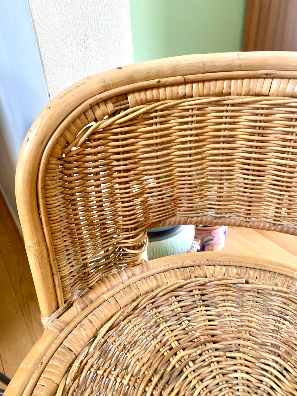 Pair of Mid Century Rattan Bar Stools | Danish Modern Bohemian Swivel Bar Stools | Rustic Seating| Boho Wicker Counter Stools| Rustic Stools